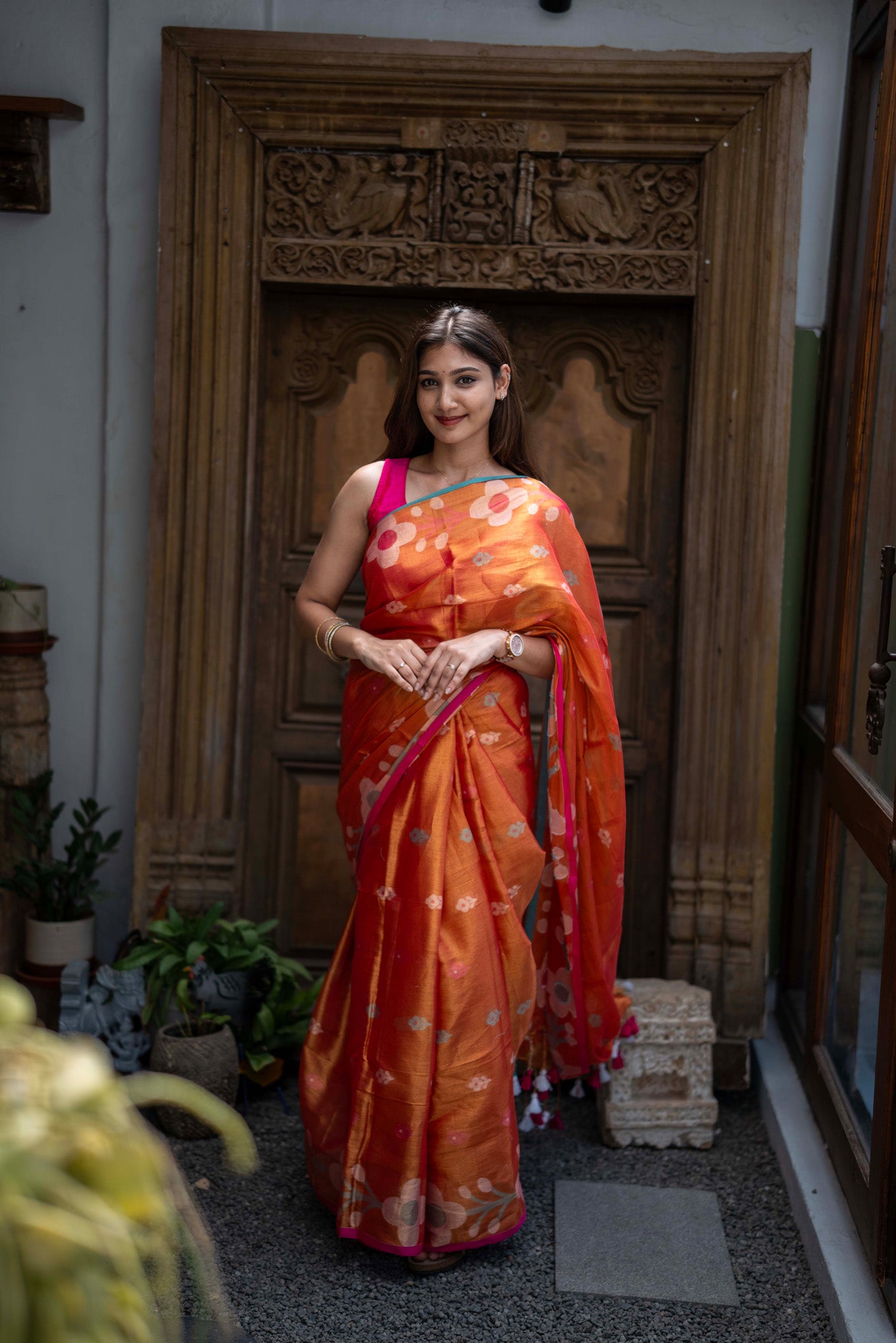 Kumari Orange Mul Cotton Saree