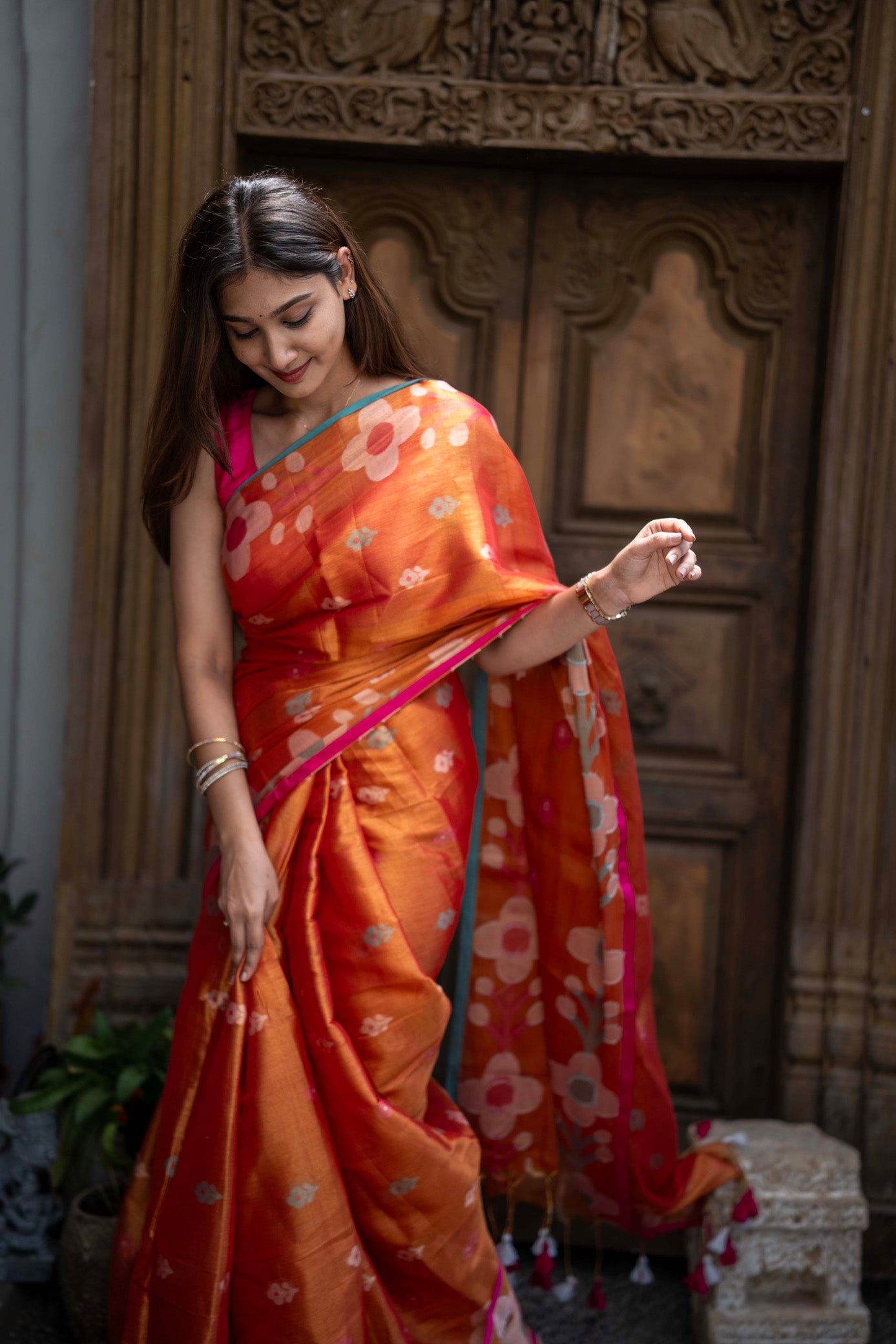 Kumari Orange Mul Cotton Saree