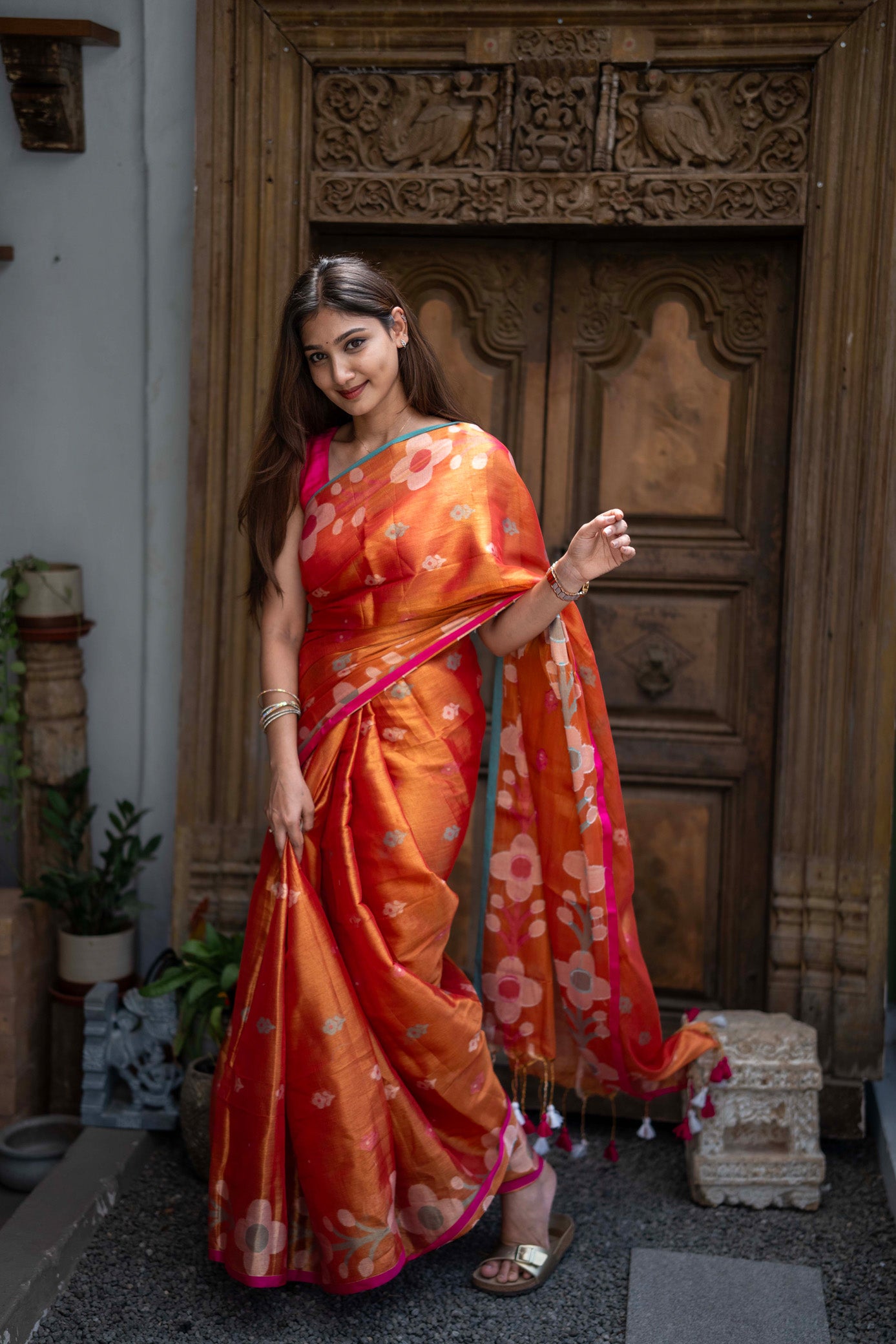 Kumari Orange Mul Cotton Saree