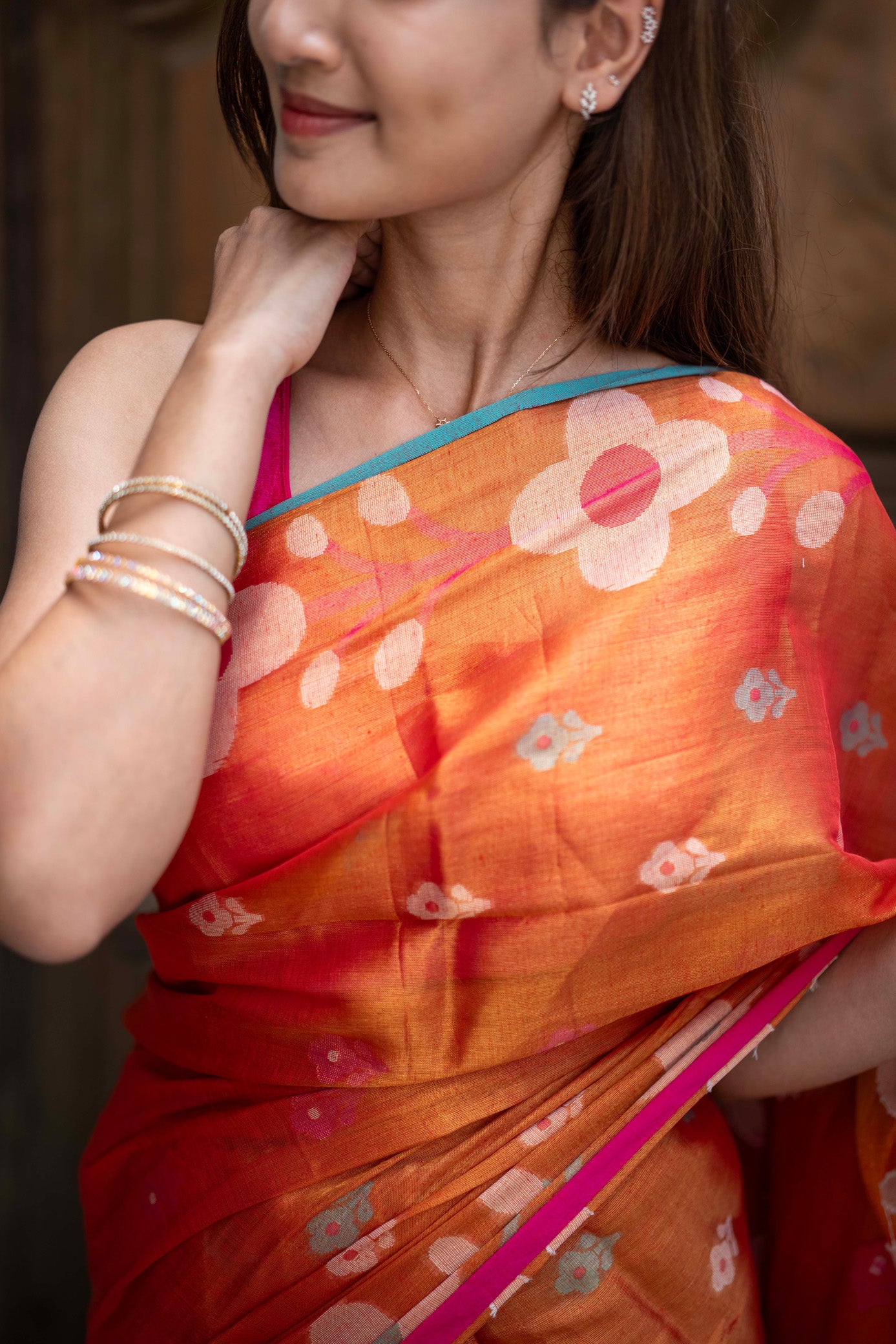 Kumari Orange Mul Cotton Saree