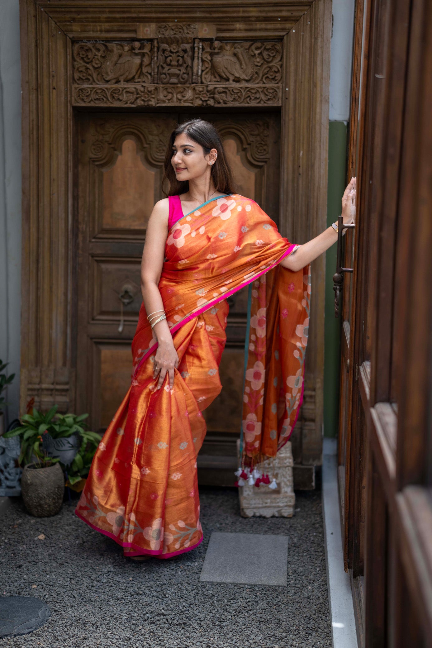 Kumari Orange Mul Cotton Saree