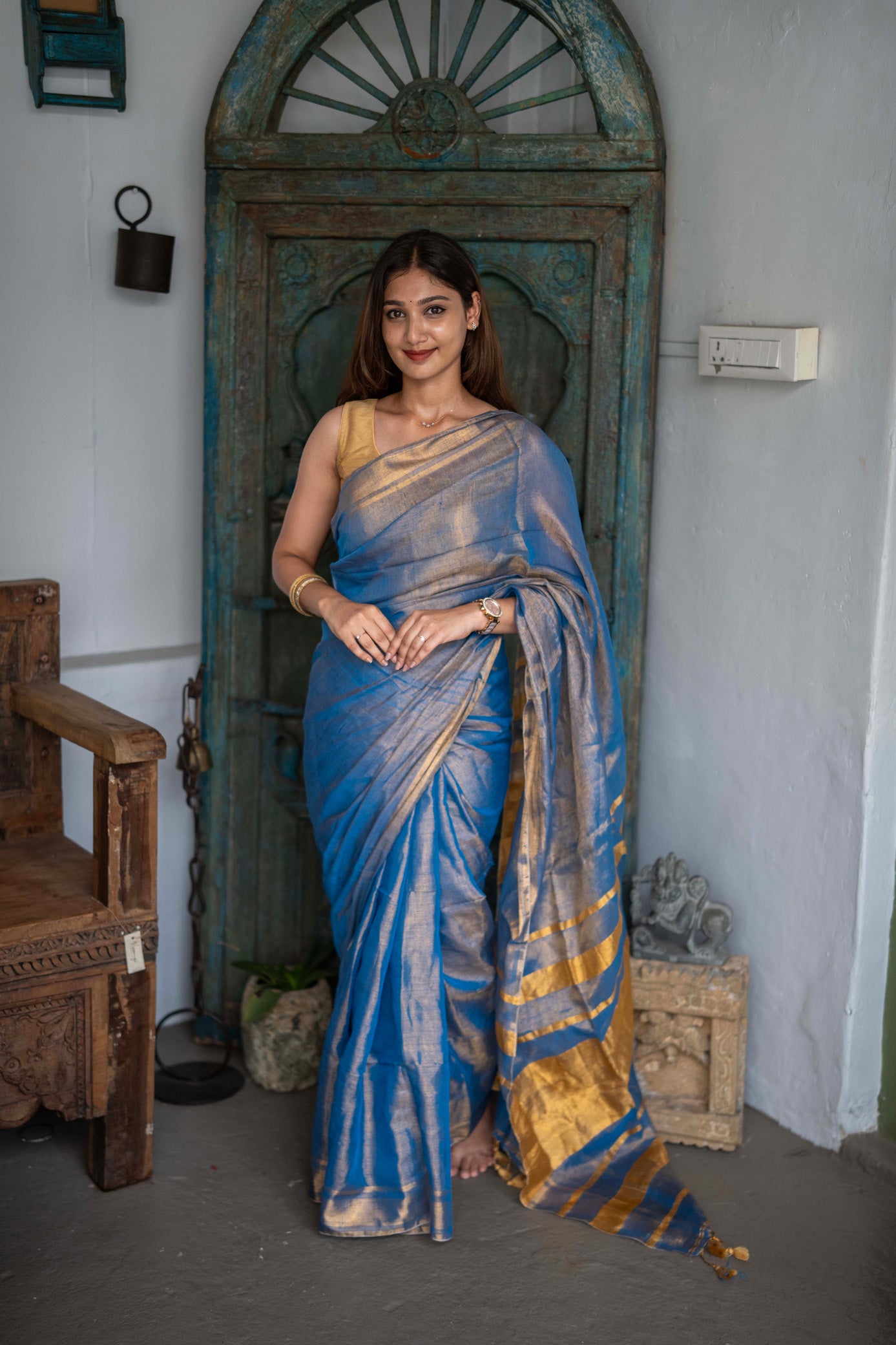Neelambari Blue Mul Cotton Saree
