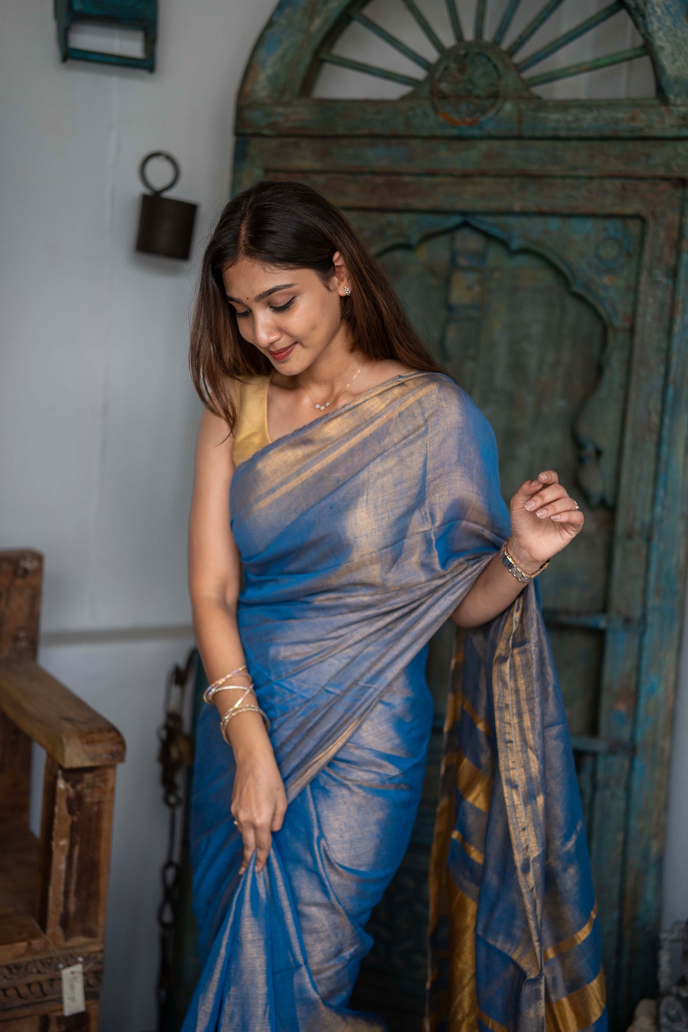 Neelambari Blue Mul Cotton Saree