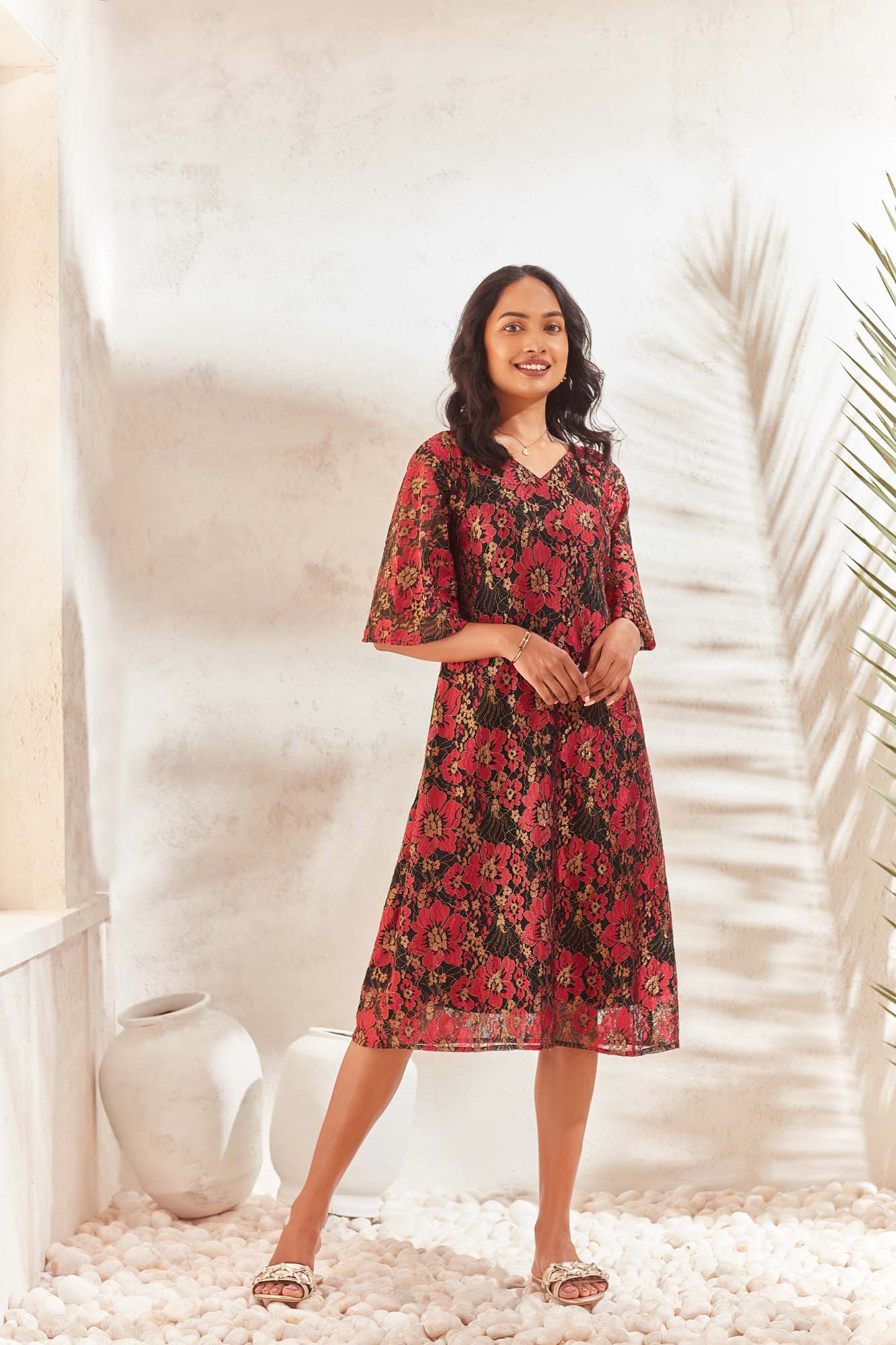 Red floral net dress