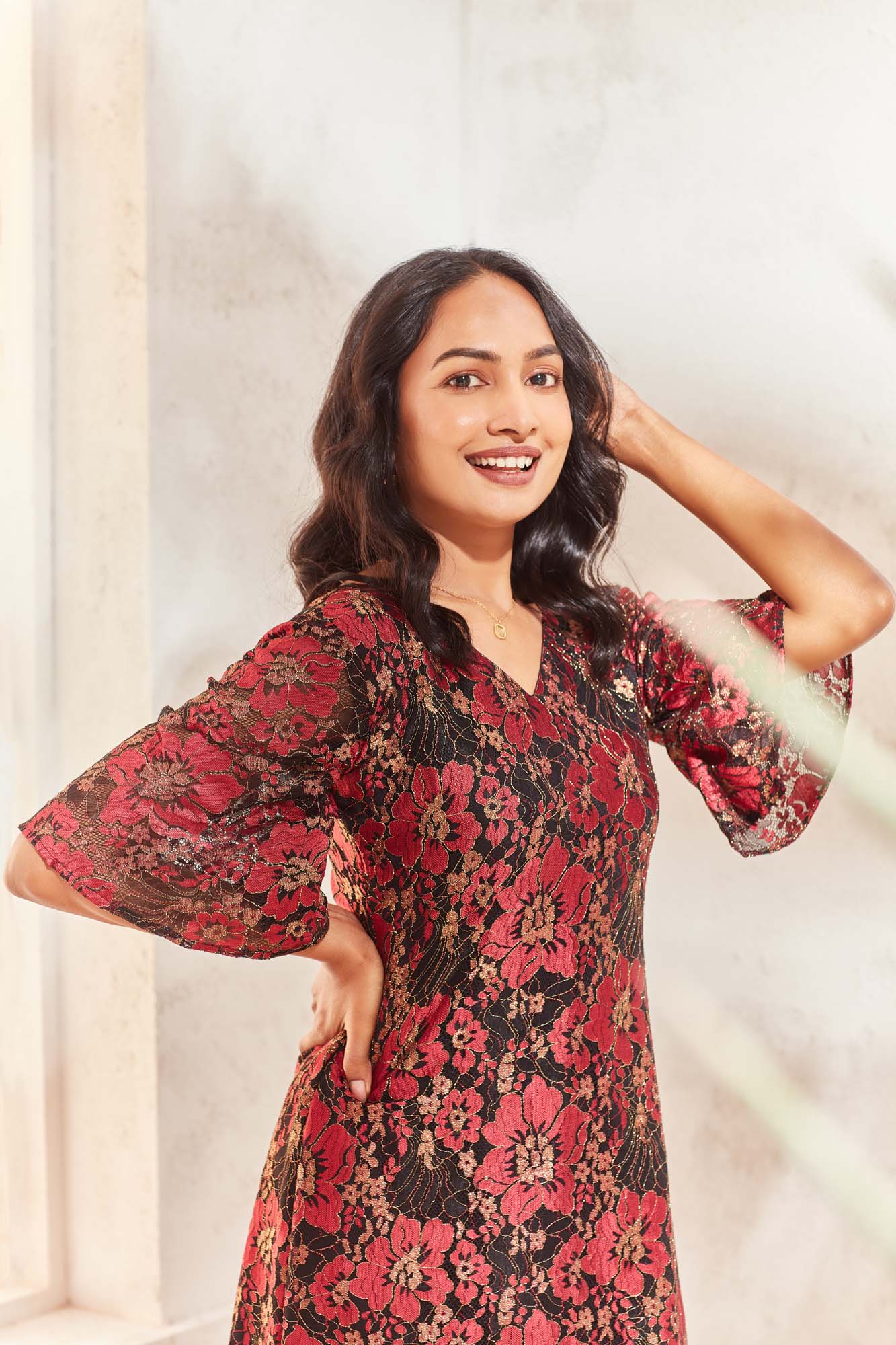 Red floral net dress