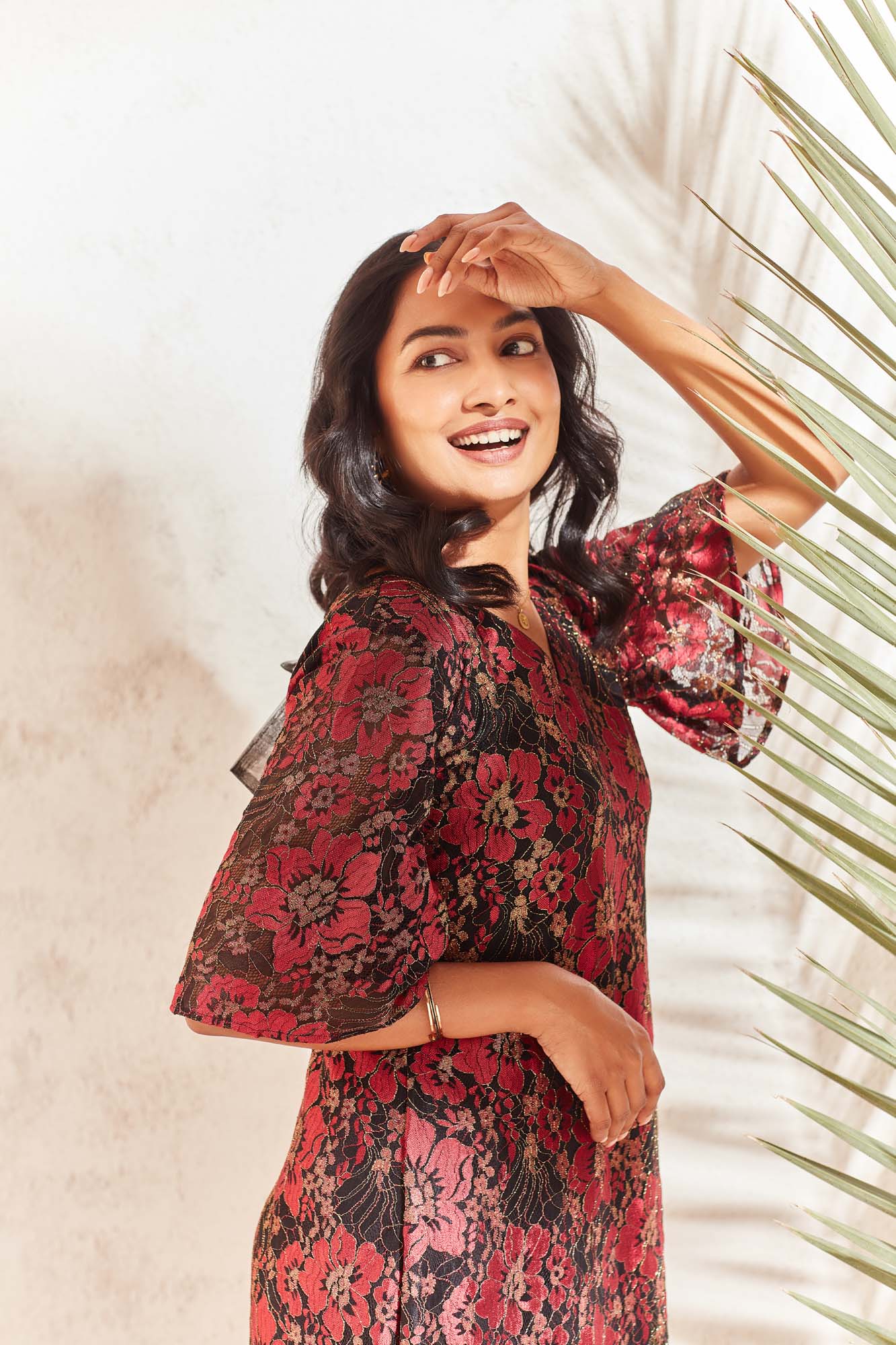 Red floral net dress