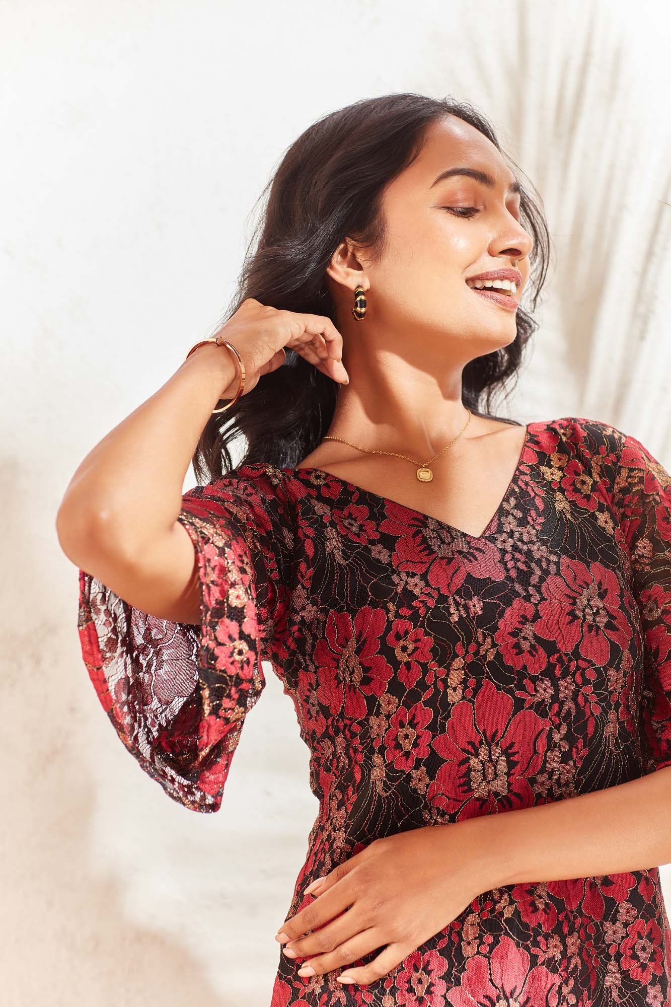 Red floral net dress