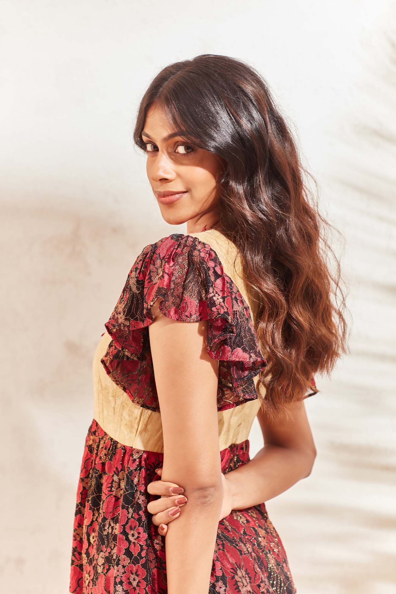 Golden with red floral dress