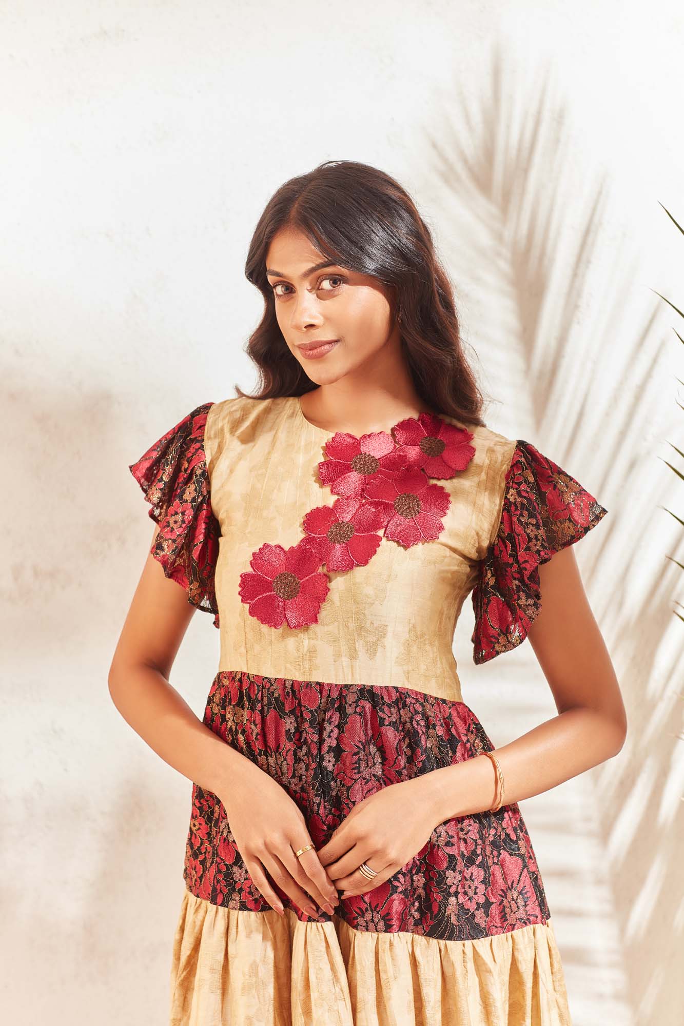 Golden with red floral dress