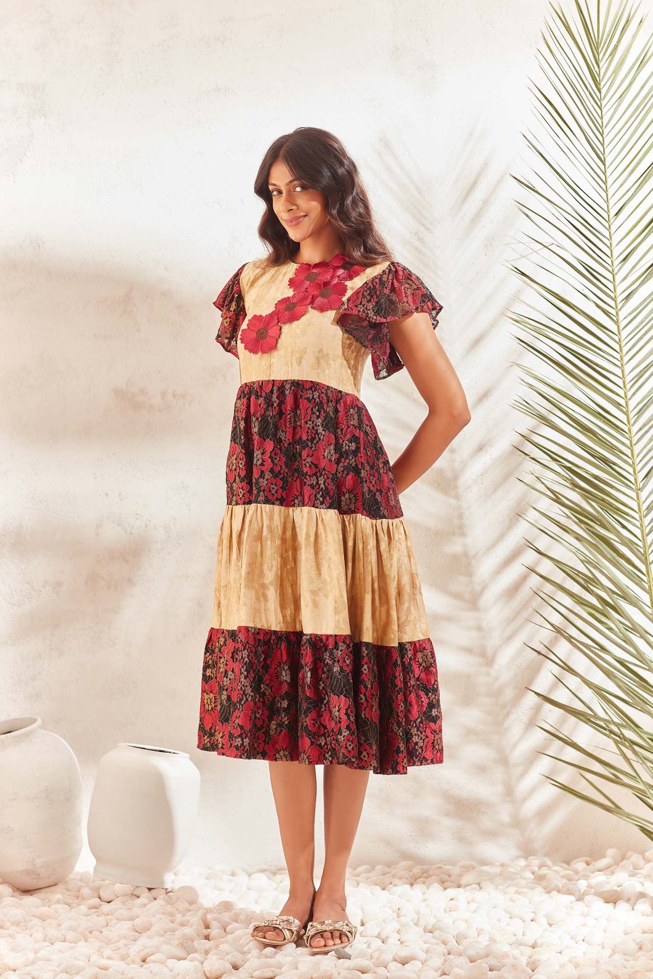 Golden with red floral dress