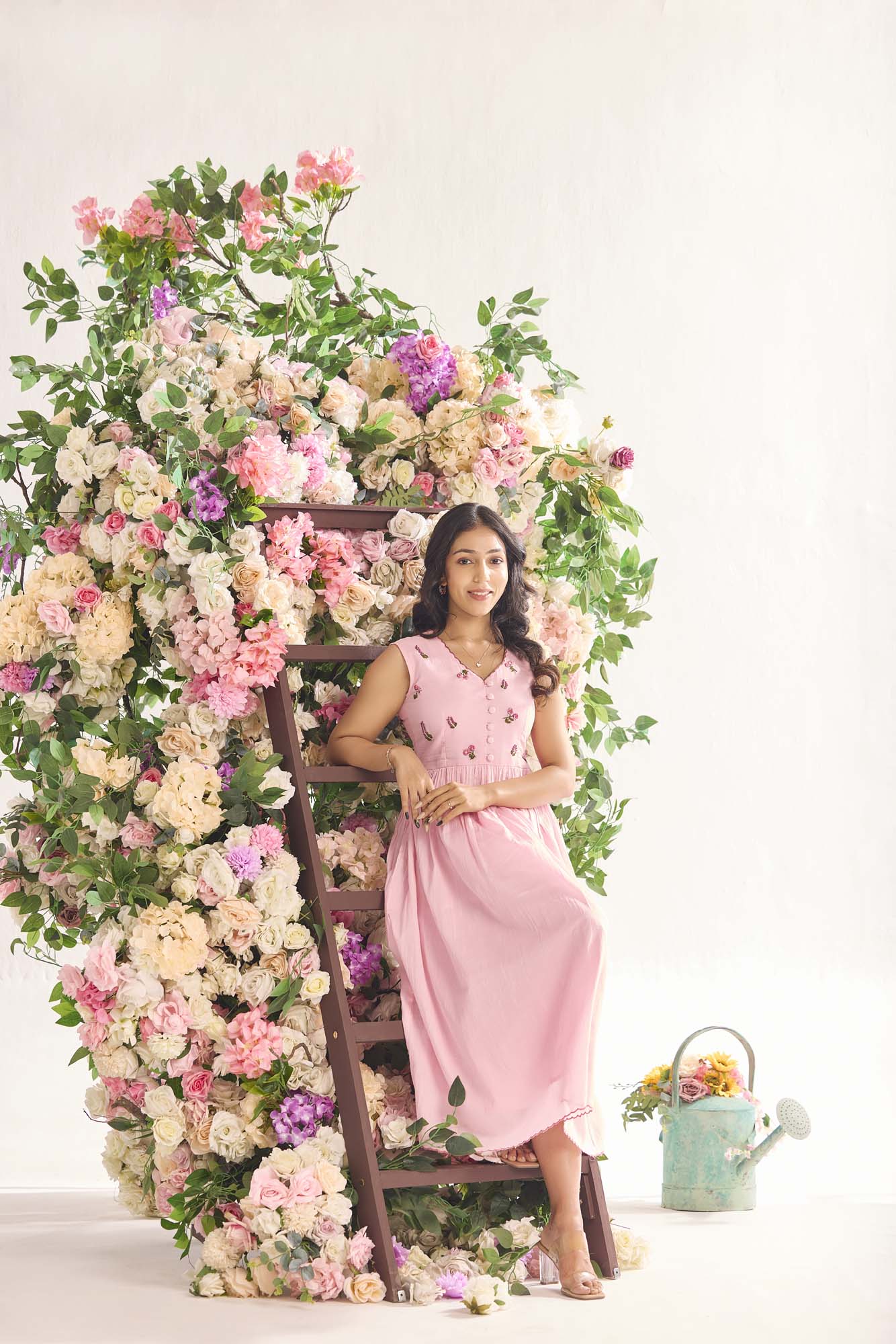 Pink daisy embroidered Cotton Dress