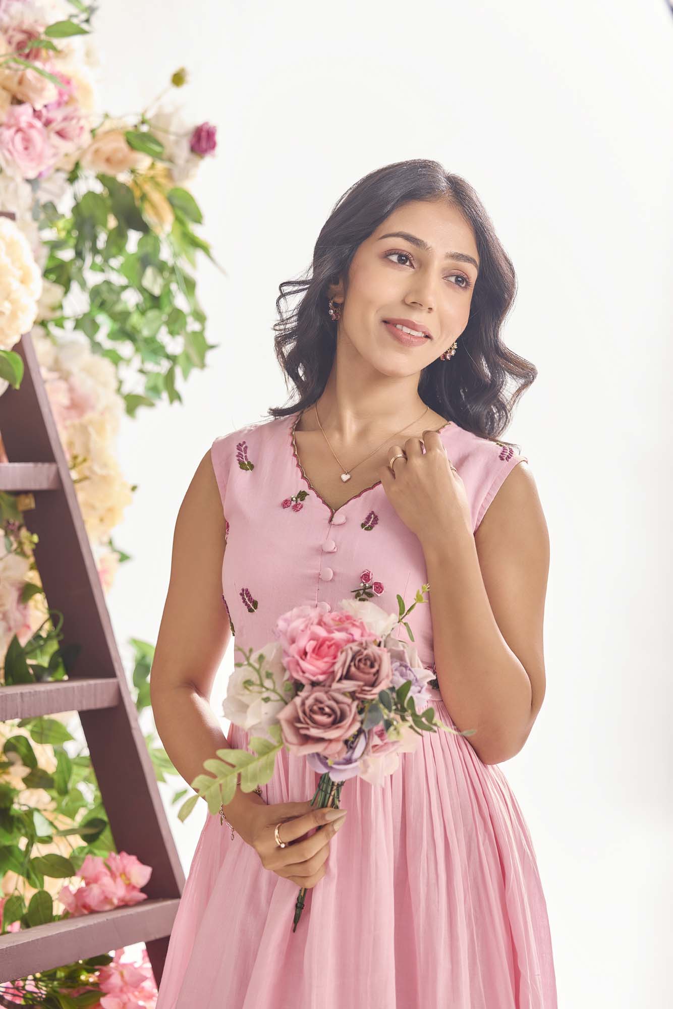 Pink daisy embroidered Cotton Dress