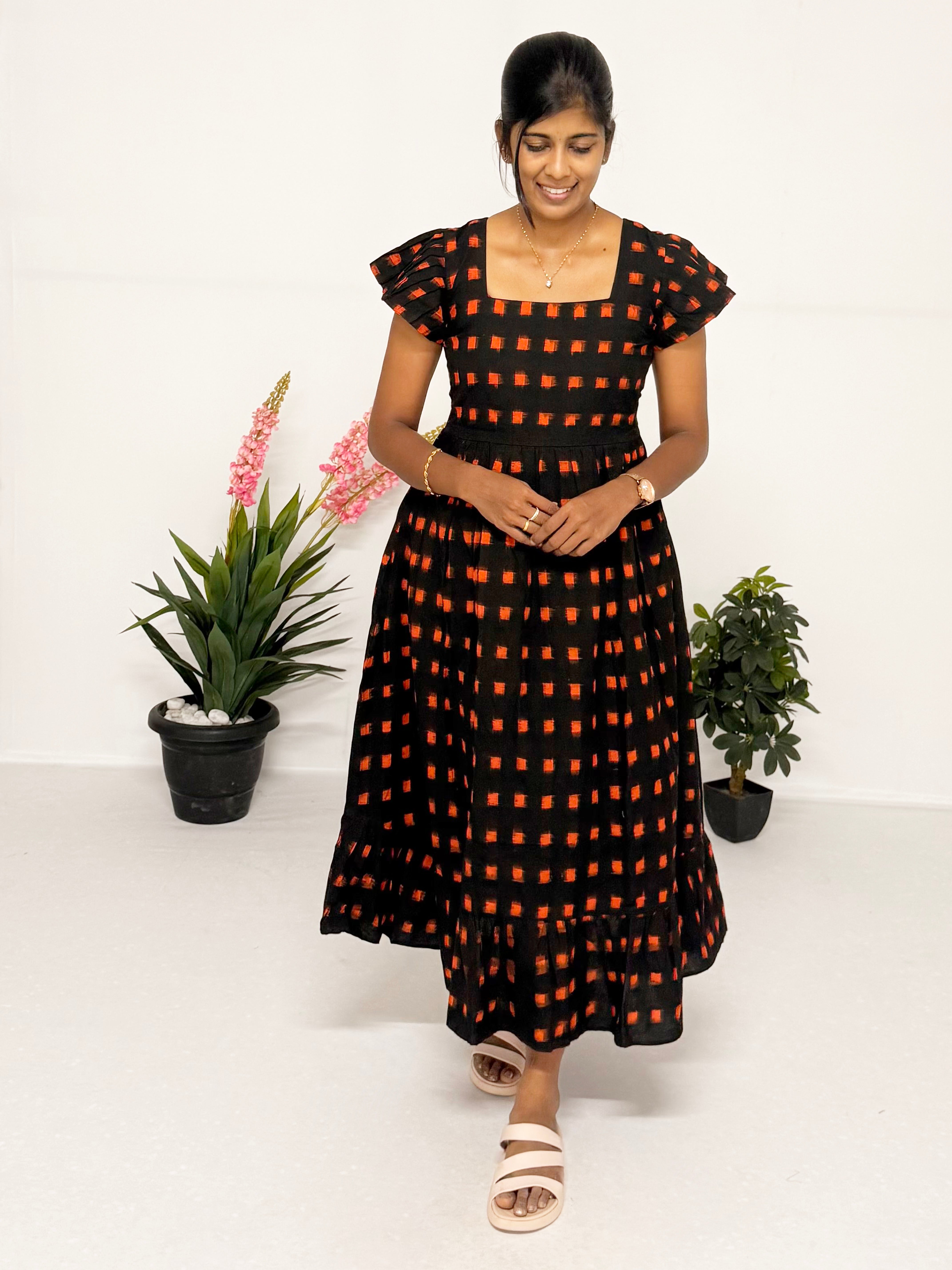 Orange - Red square checks - Black midi dress