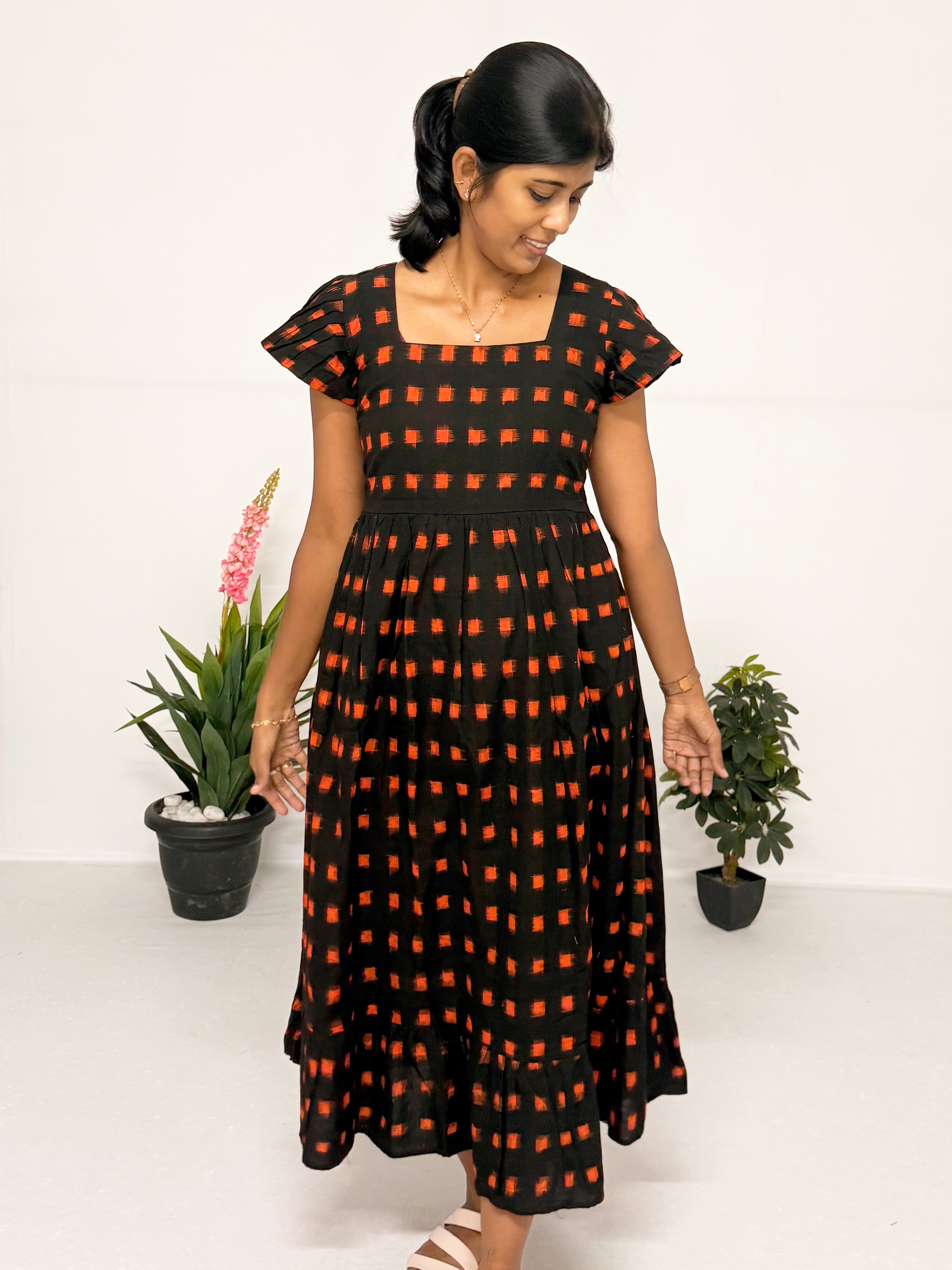 Orange - Red square checks - Black midi dress