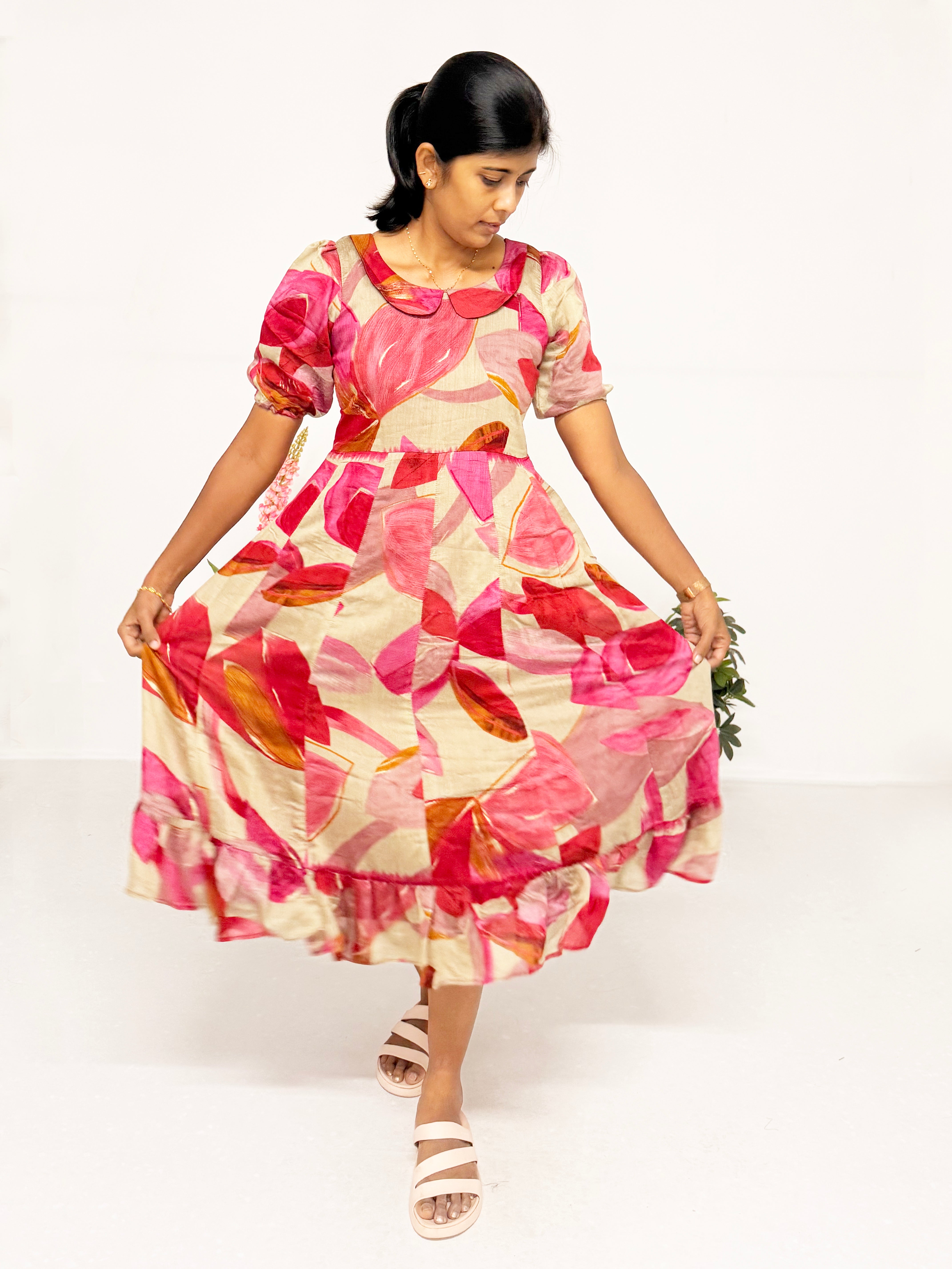 Beige with Pink Floral Dress