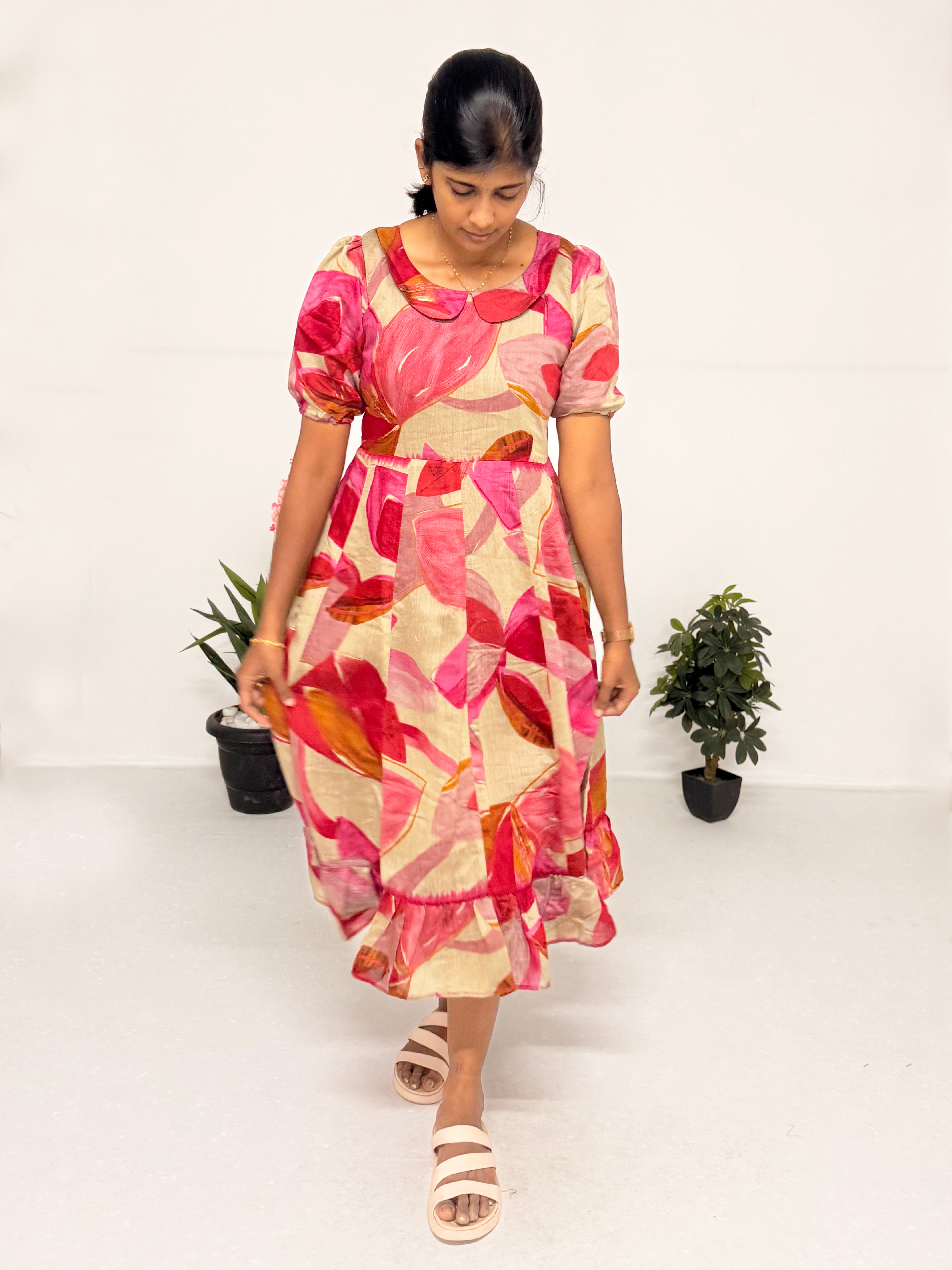 Beige with Pink Floral Dress