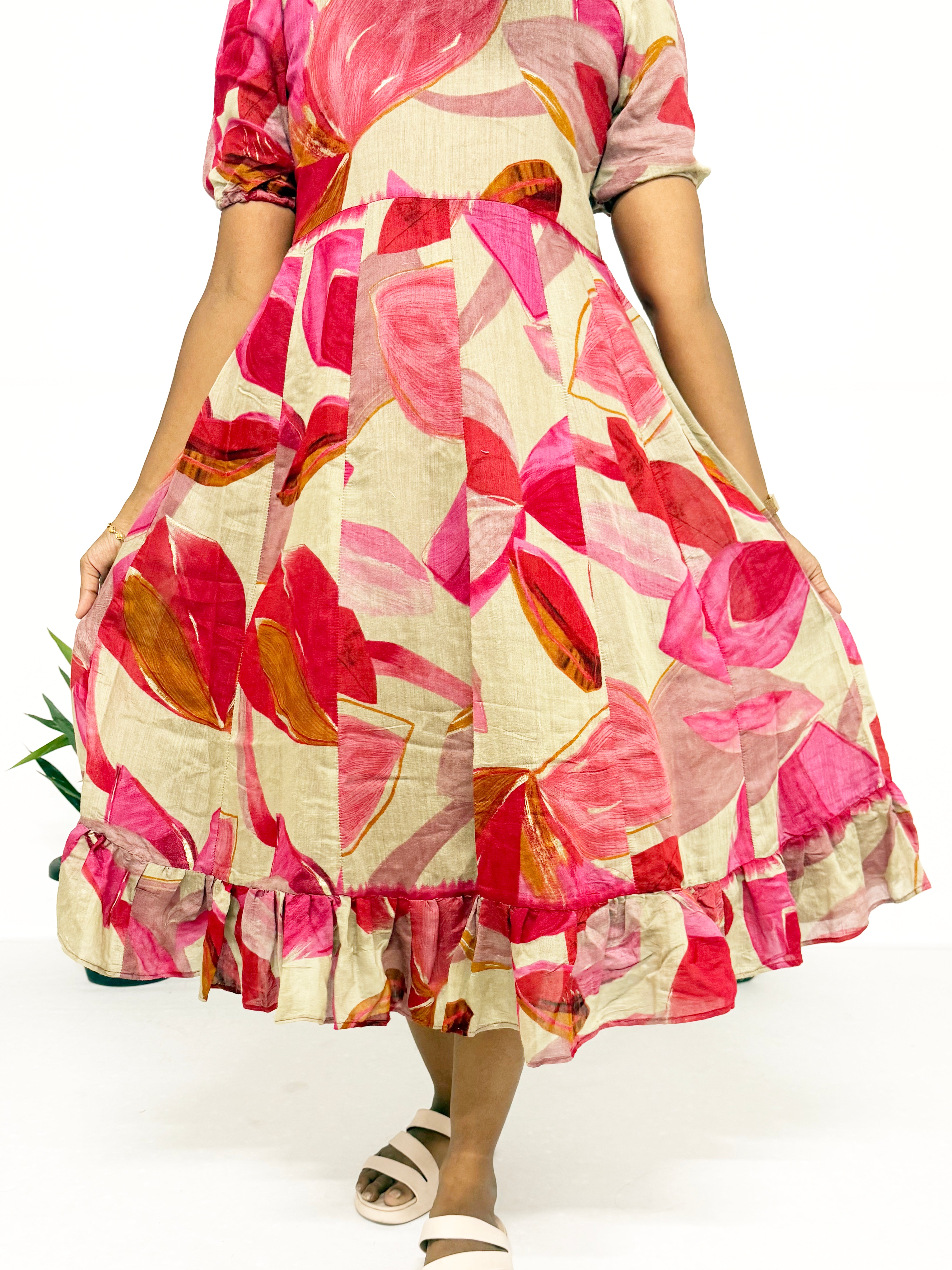 Beige with Pink Floral Dress