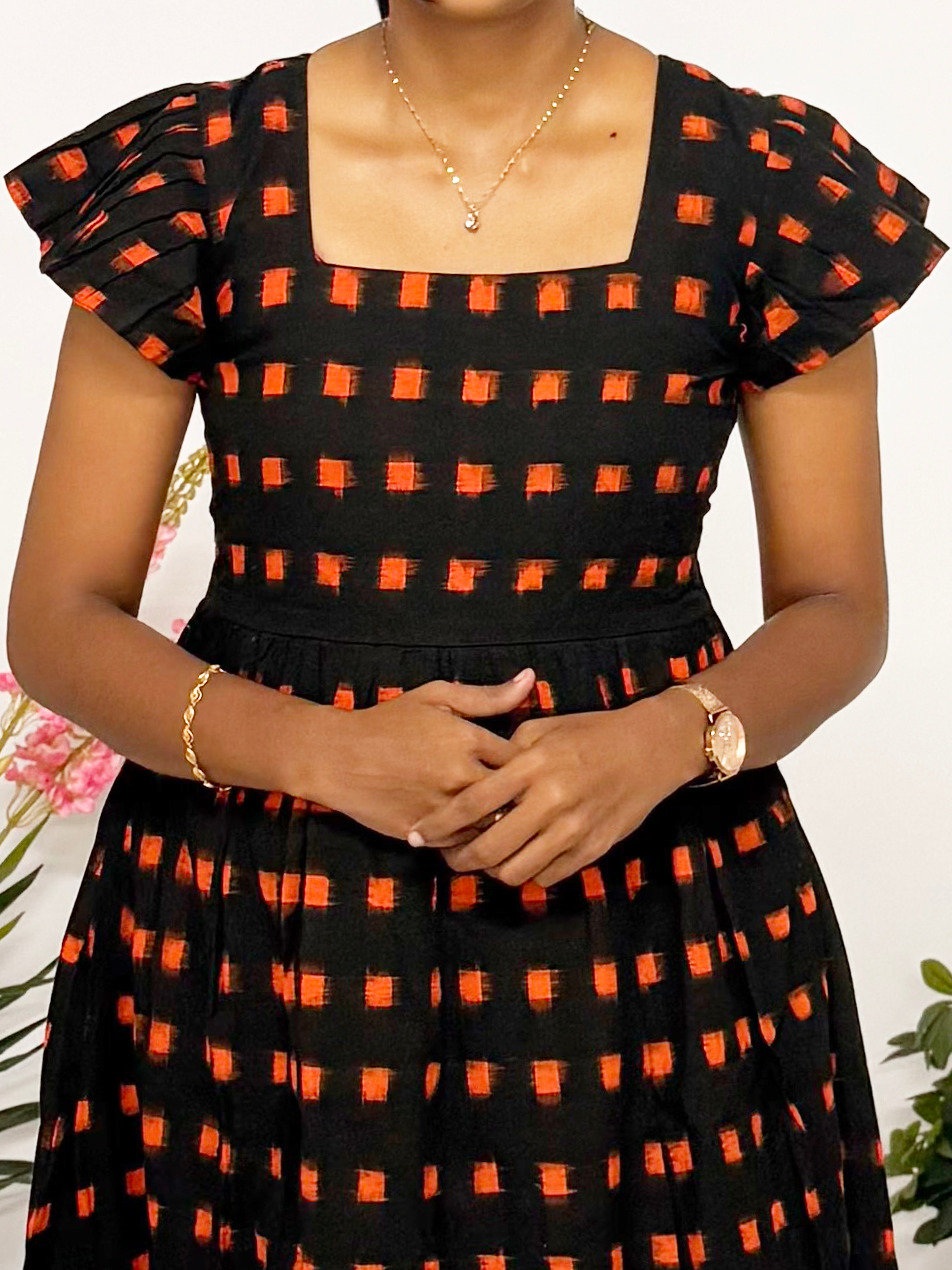 Orange - Red square checks - Black midi dress