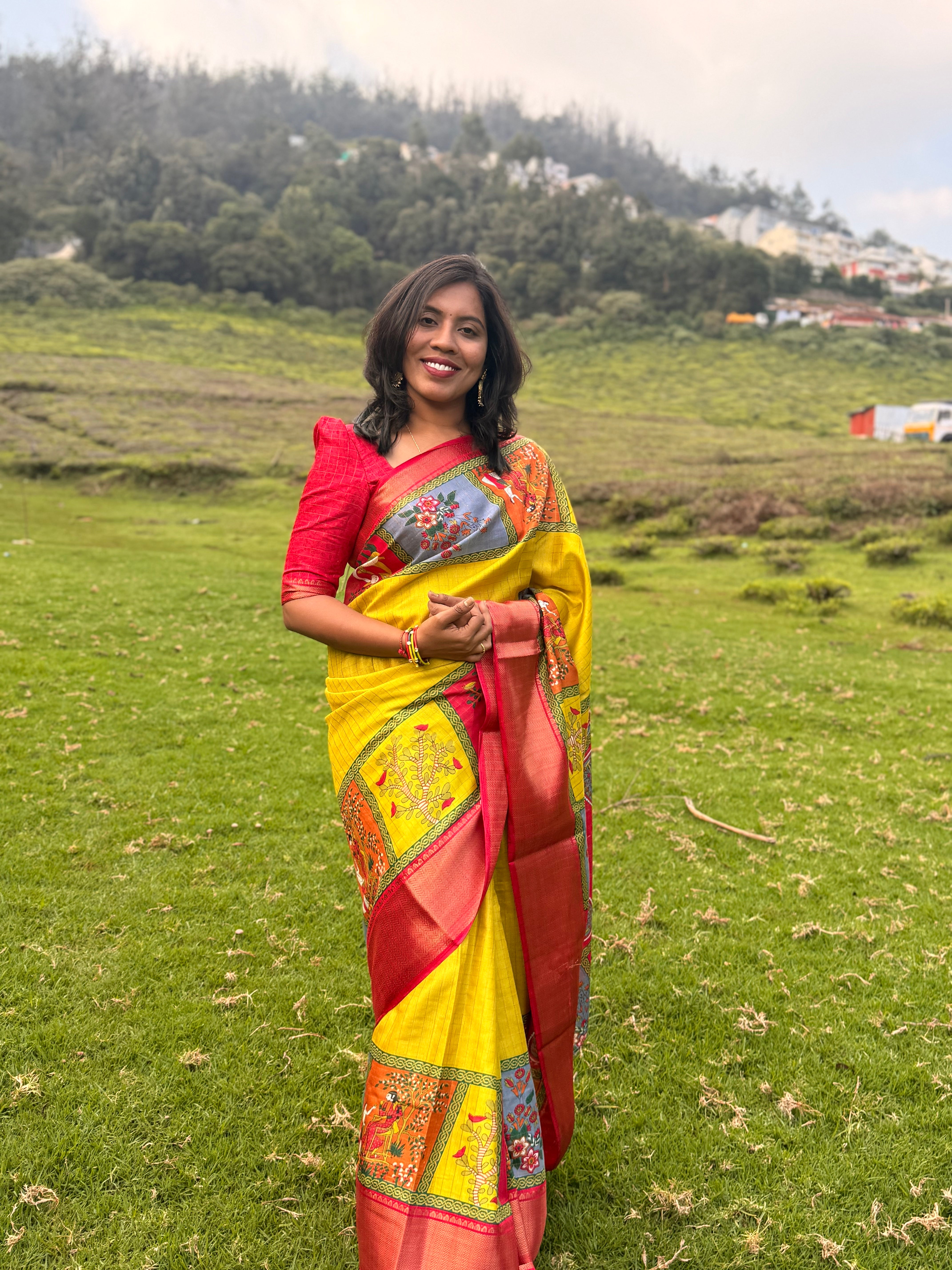 Bright Yellow Saree with Red Border