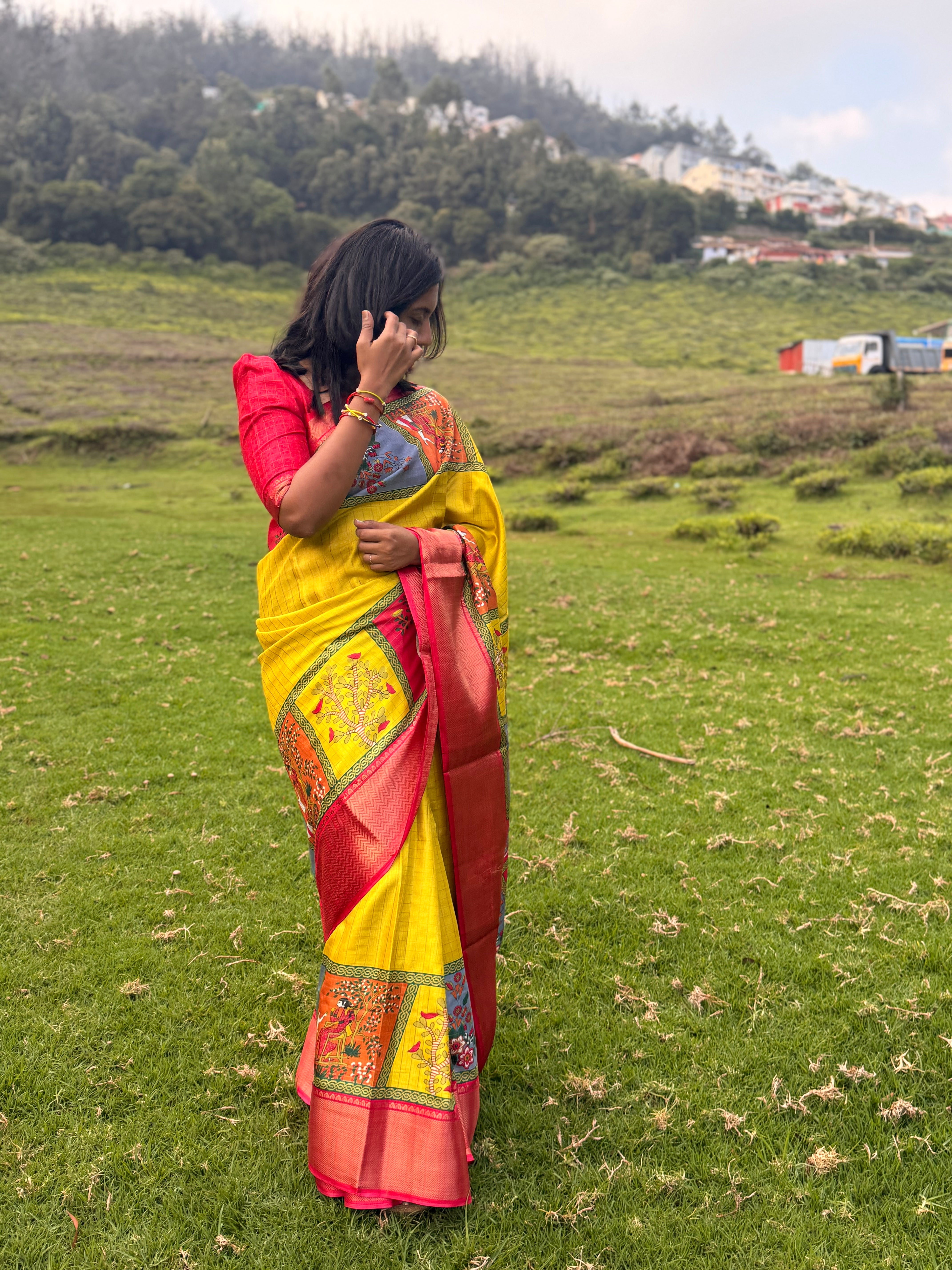 Bright Yellow Saree with Red Border