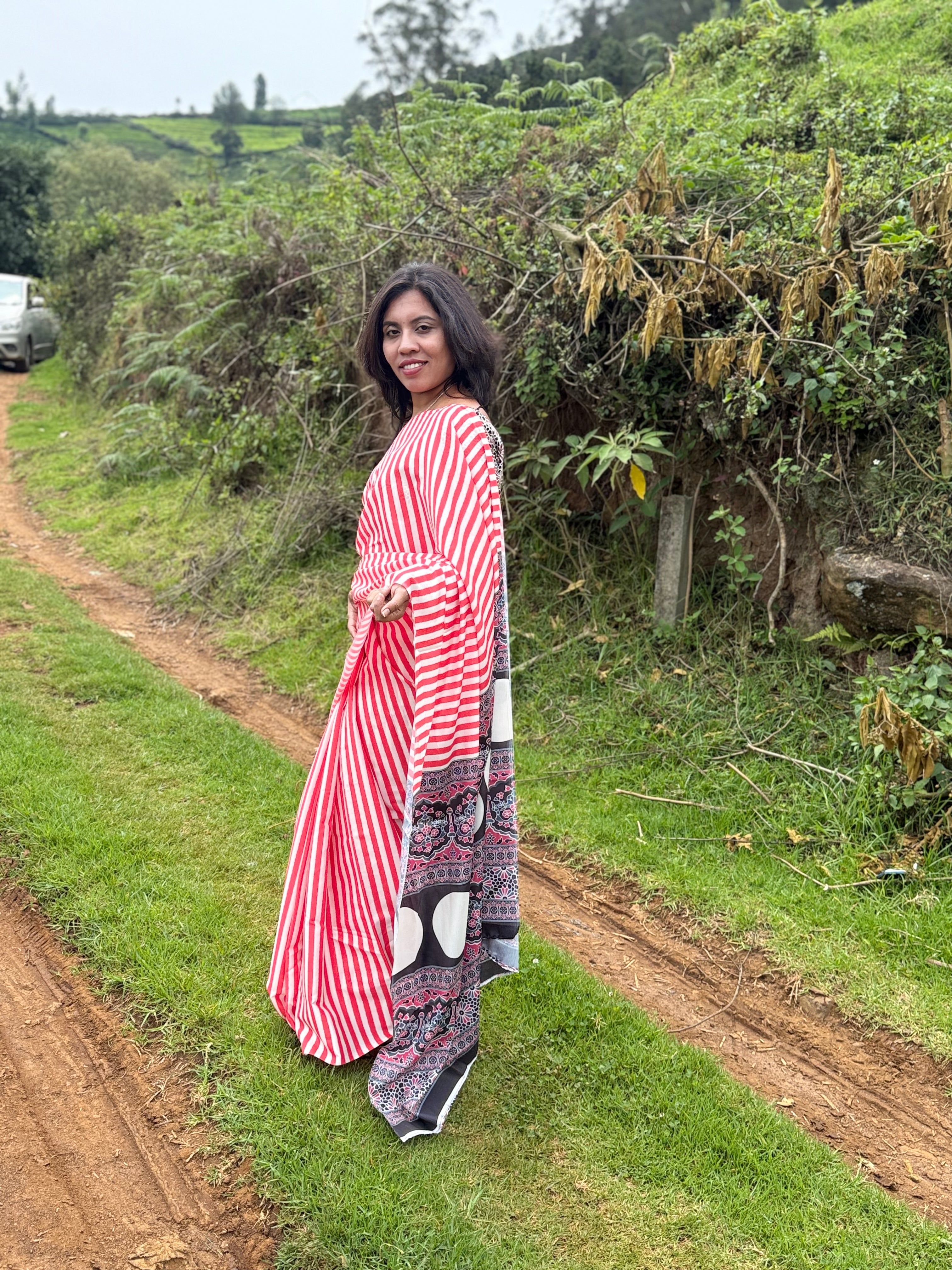 Red & White Striped Printed Saree with Ethnic Motifs