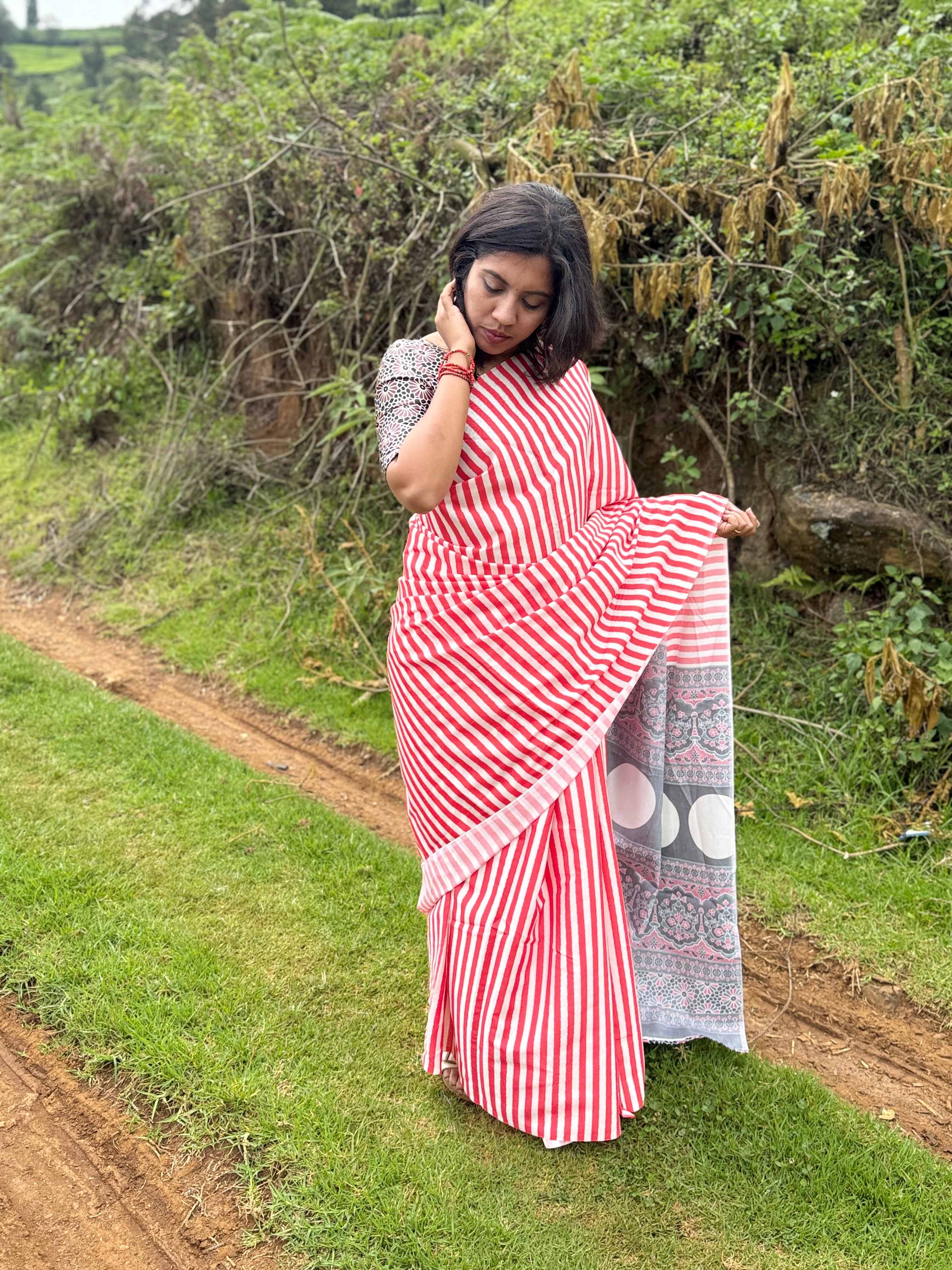 Red & White Striped Printed Saree with Ethnic Motifs