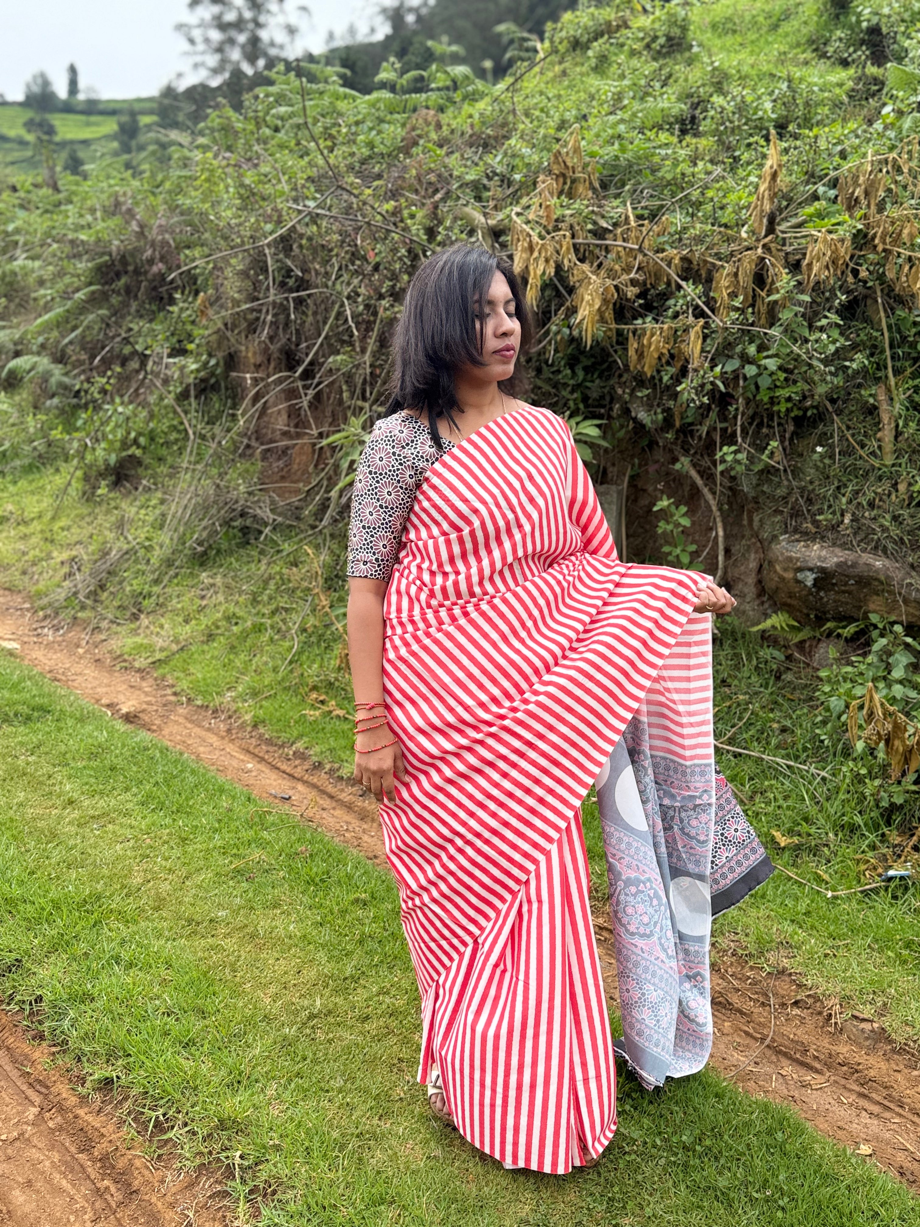 Red & White Striped Printed Saree with Ethnic Motifs