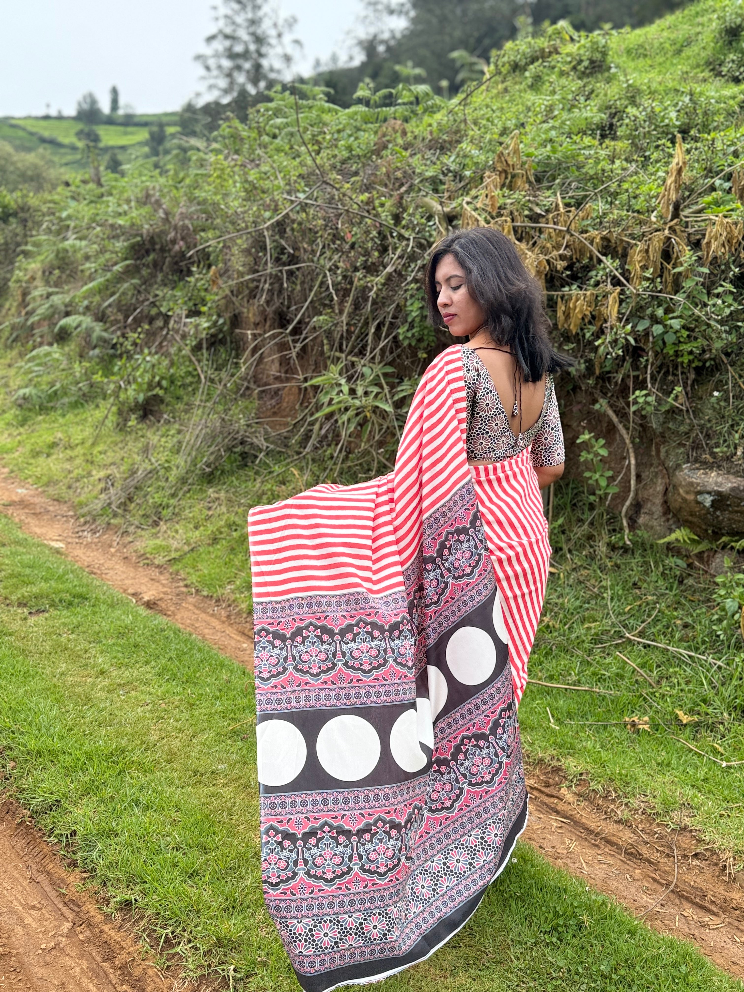Red & White Striped Printed Saree with Ethnic Motifs