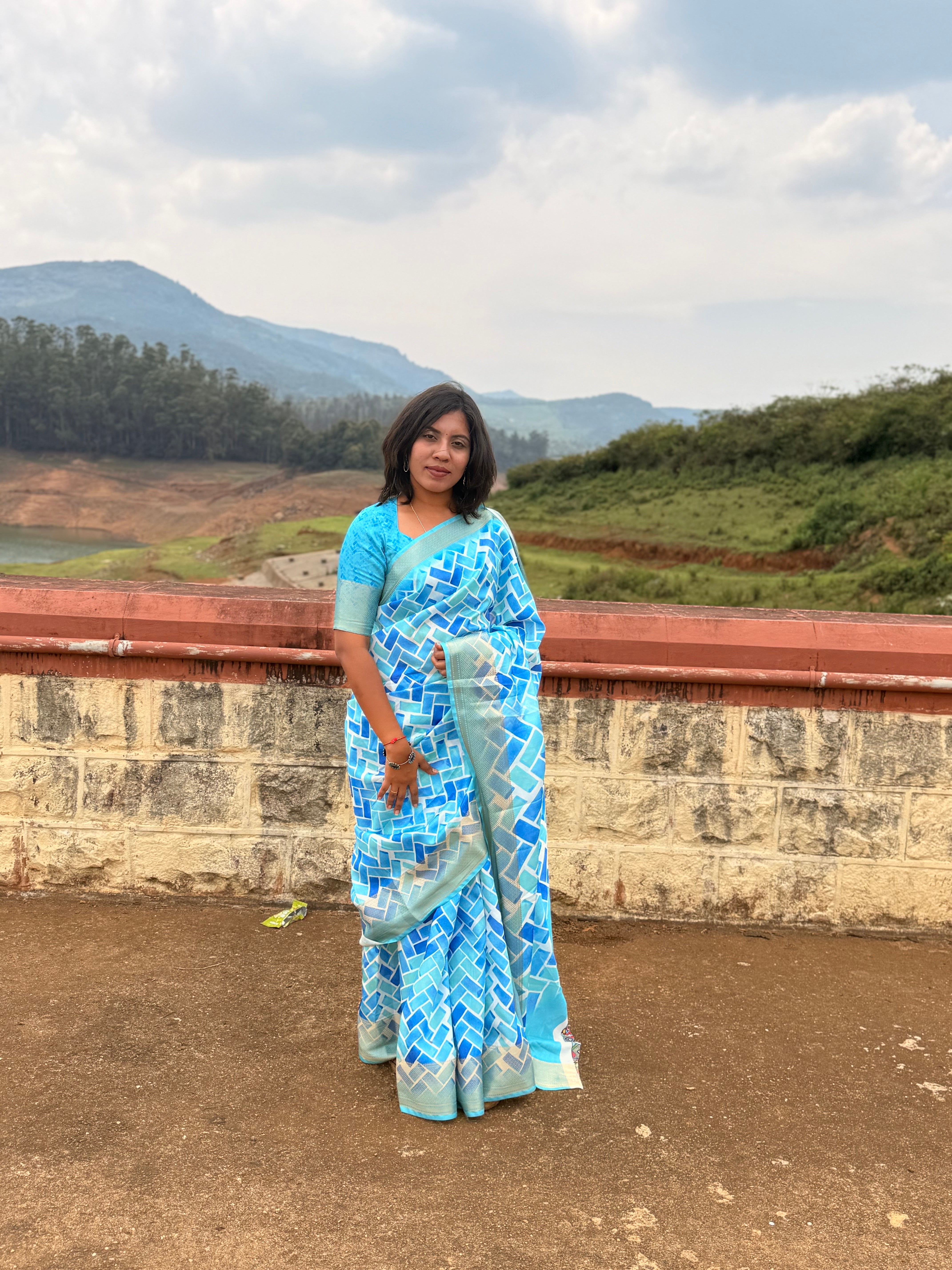 Sky Blue Geometric Print Saree