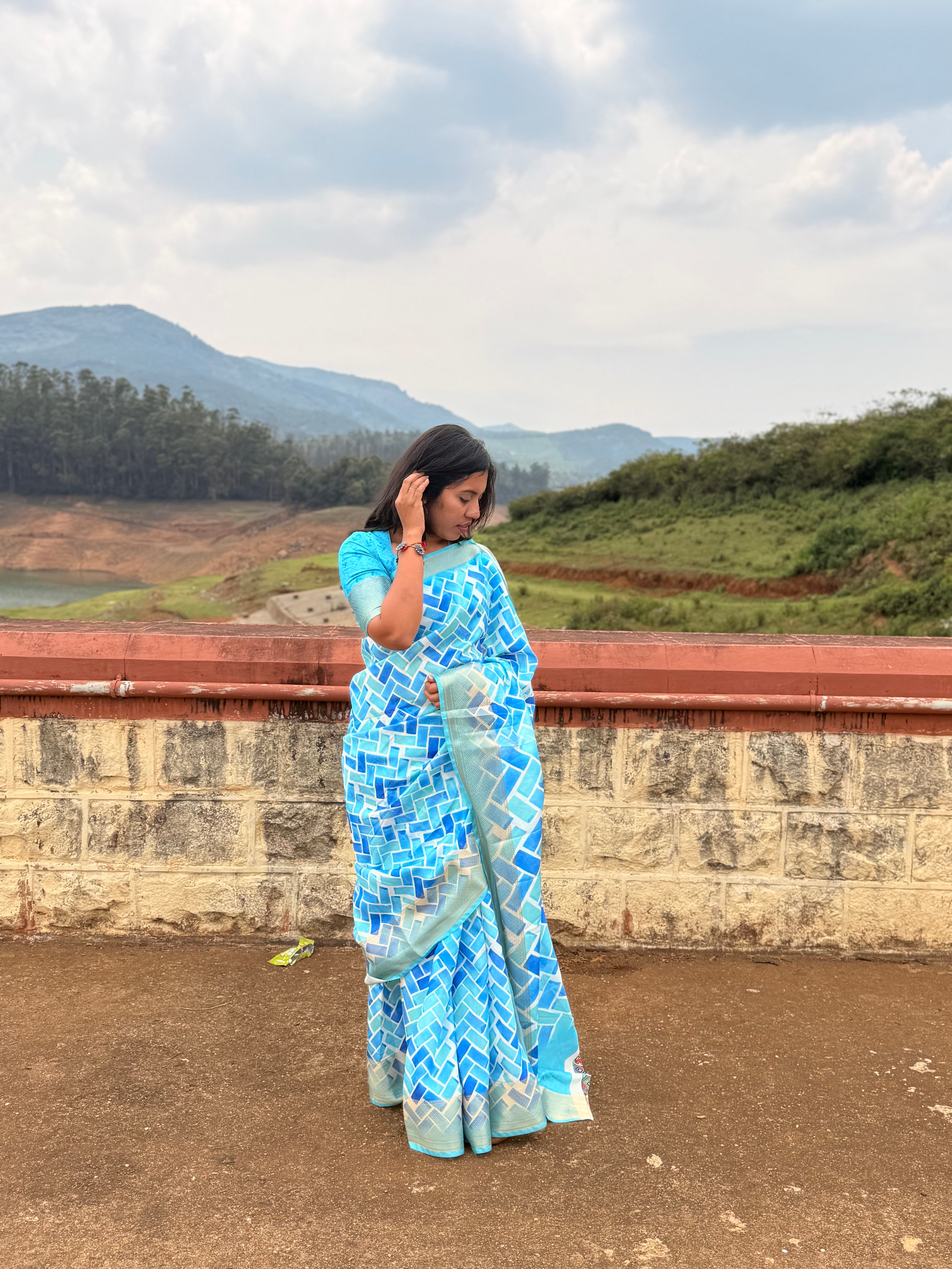 Sky Blue Geometric Print Saree