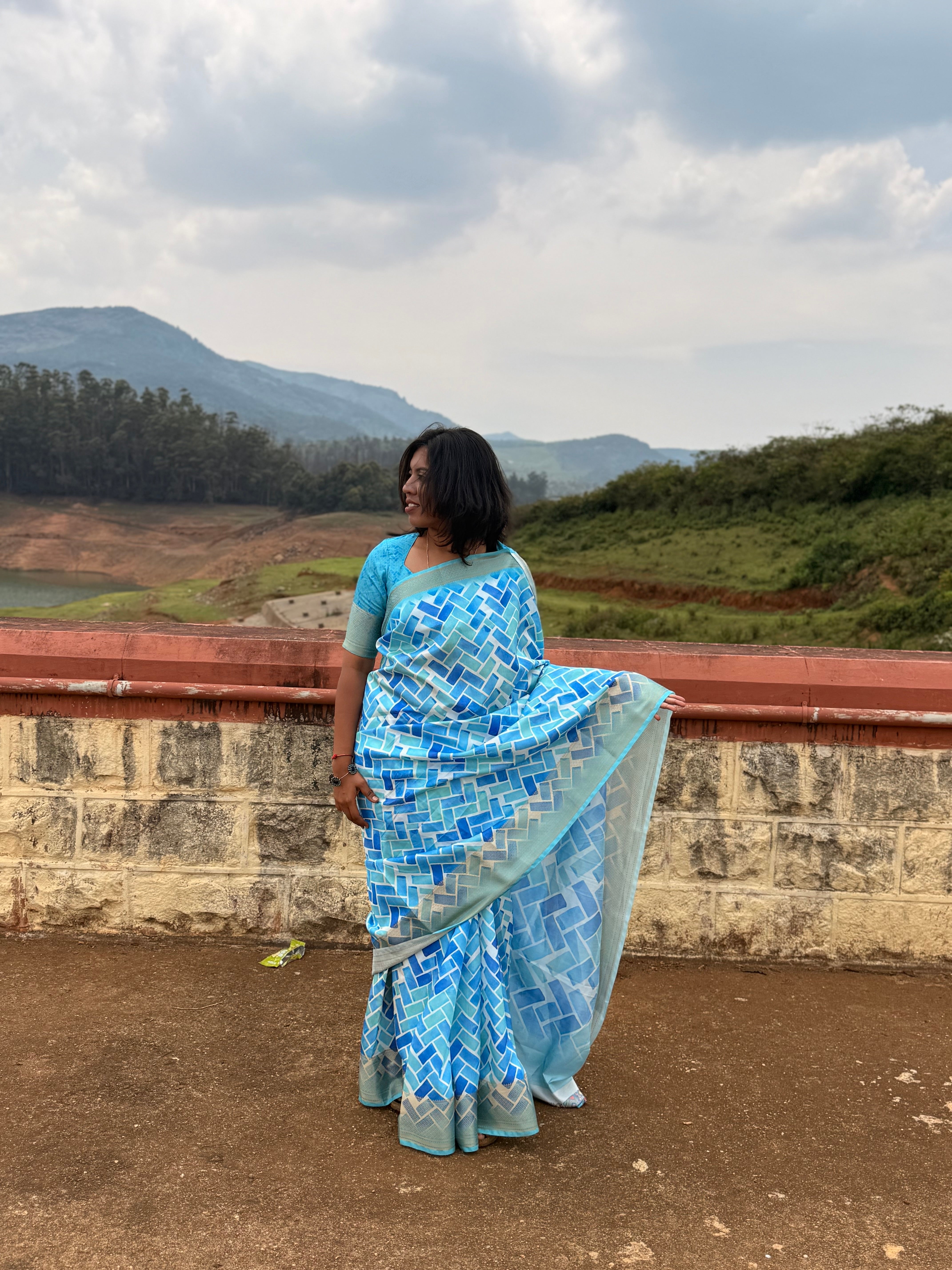 Sky Blue Geometric Print Saree