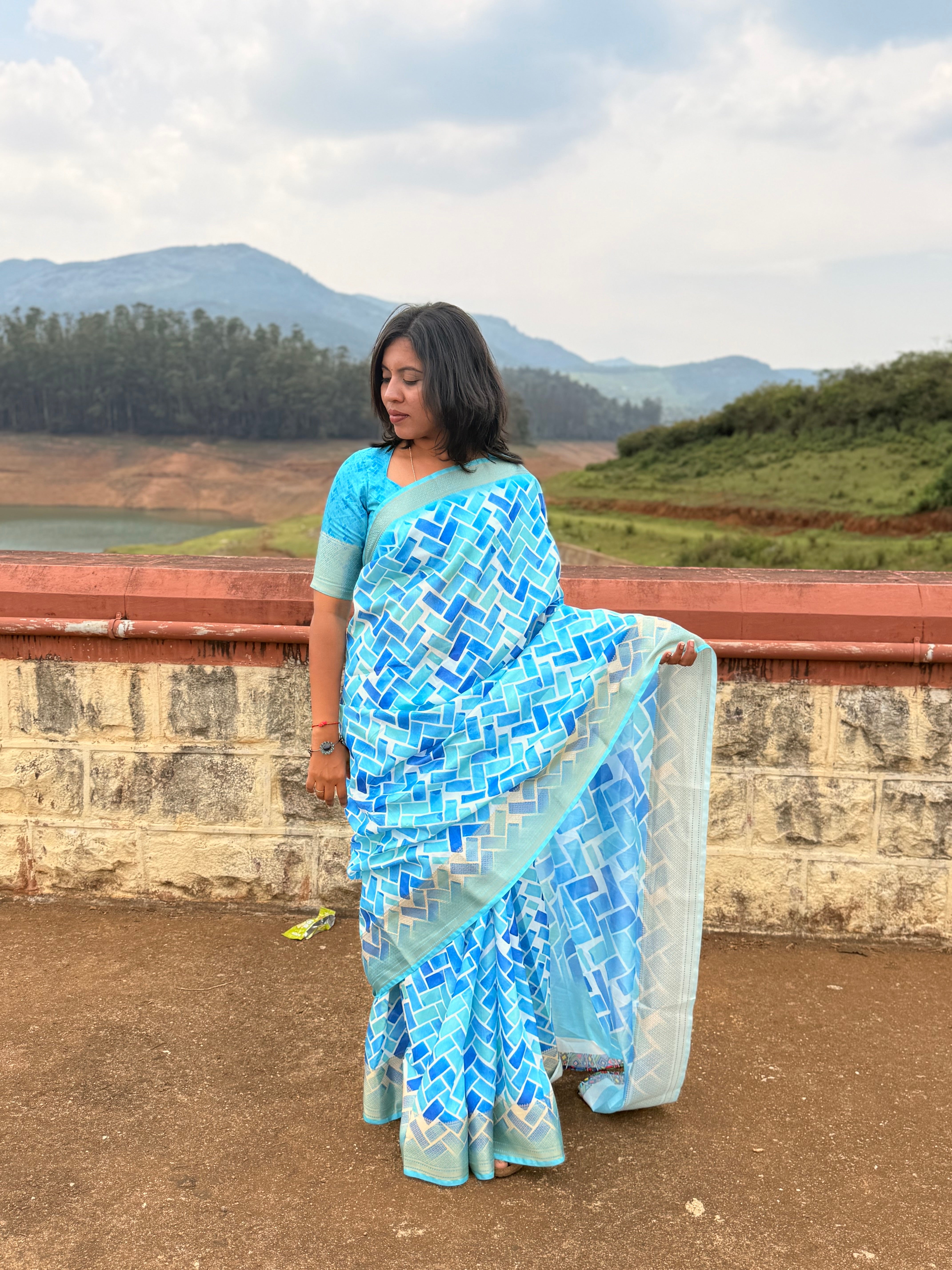 Sky Blue Geometric Print Saree
