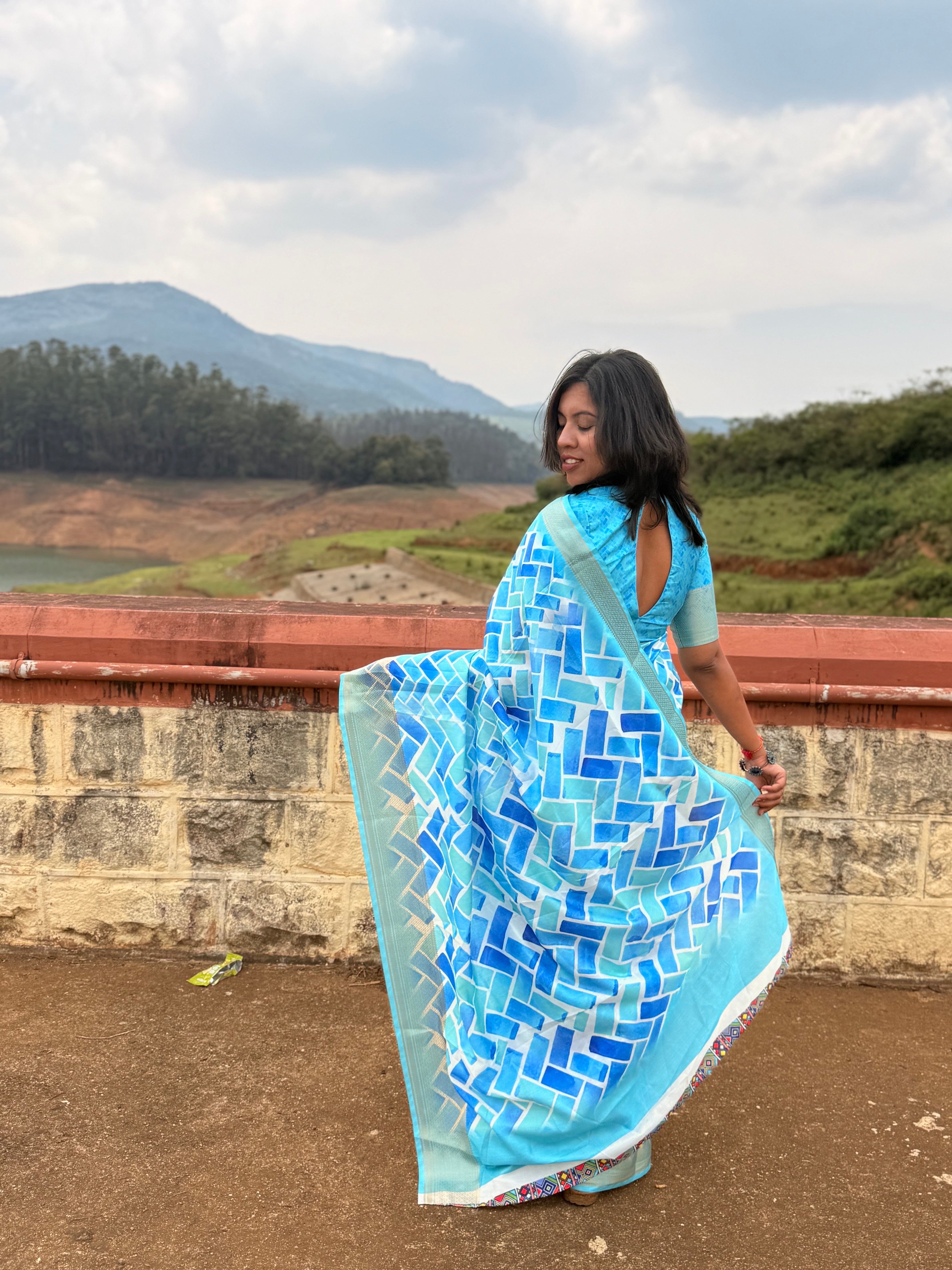 Sky Blue Geometric Print Saree