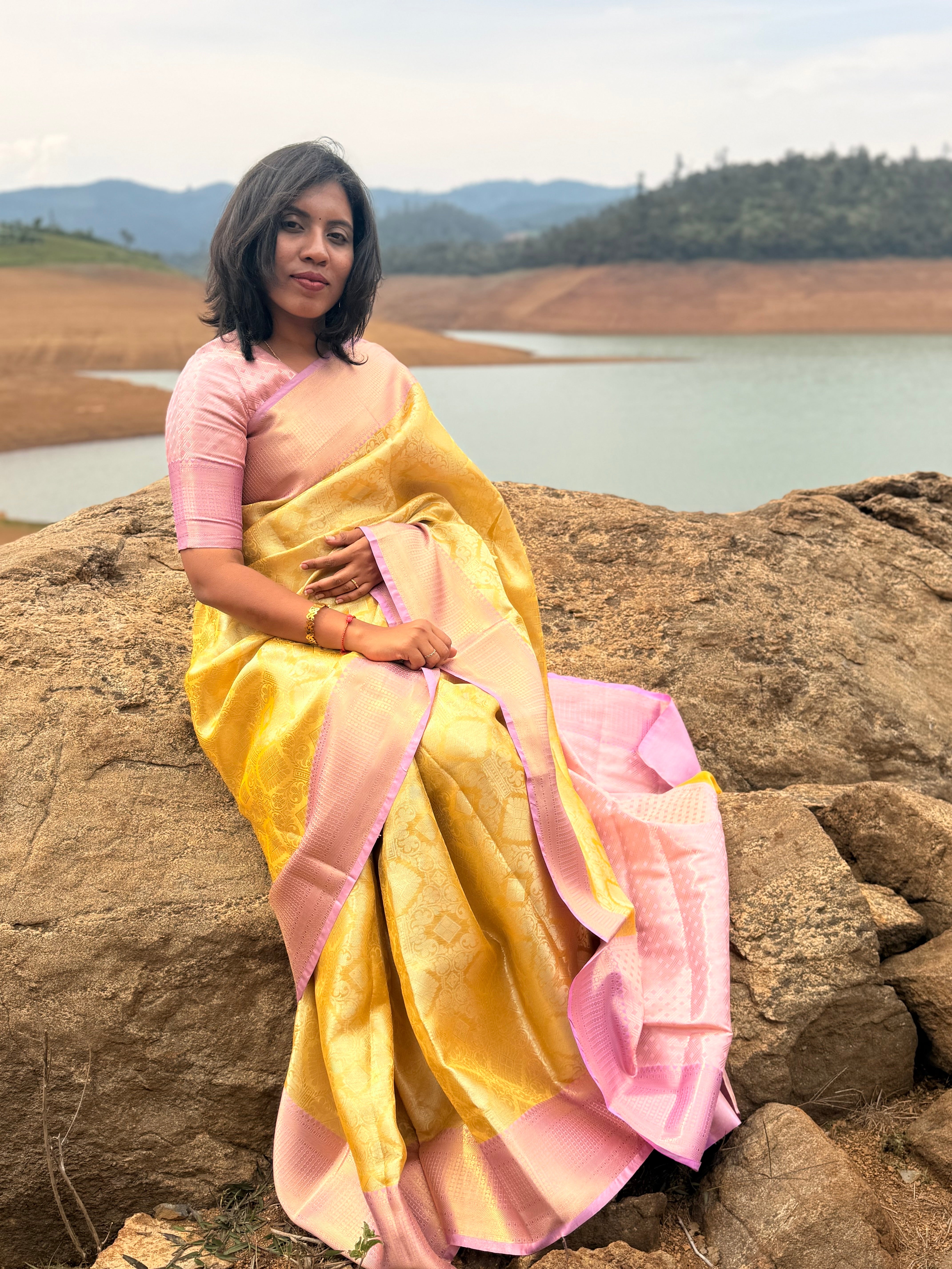 Yellow Saree with Pink Border