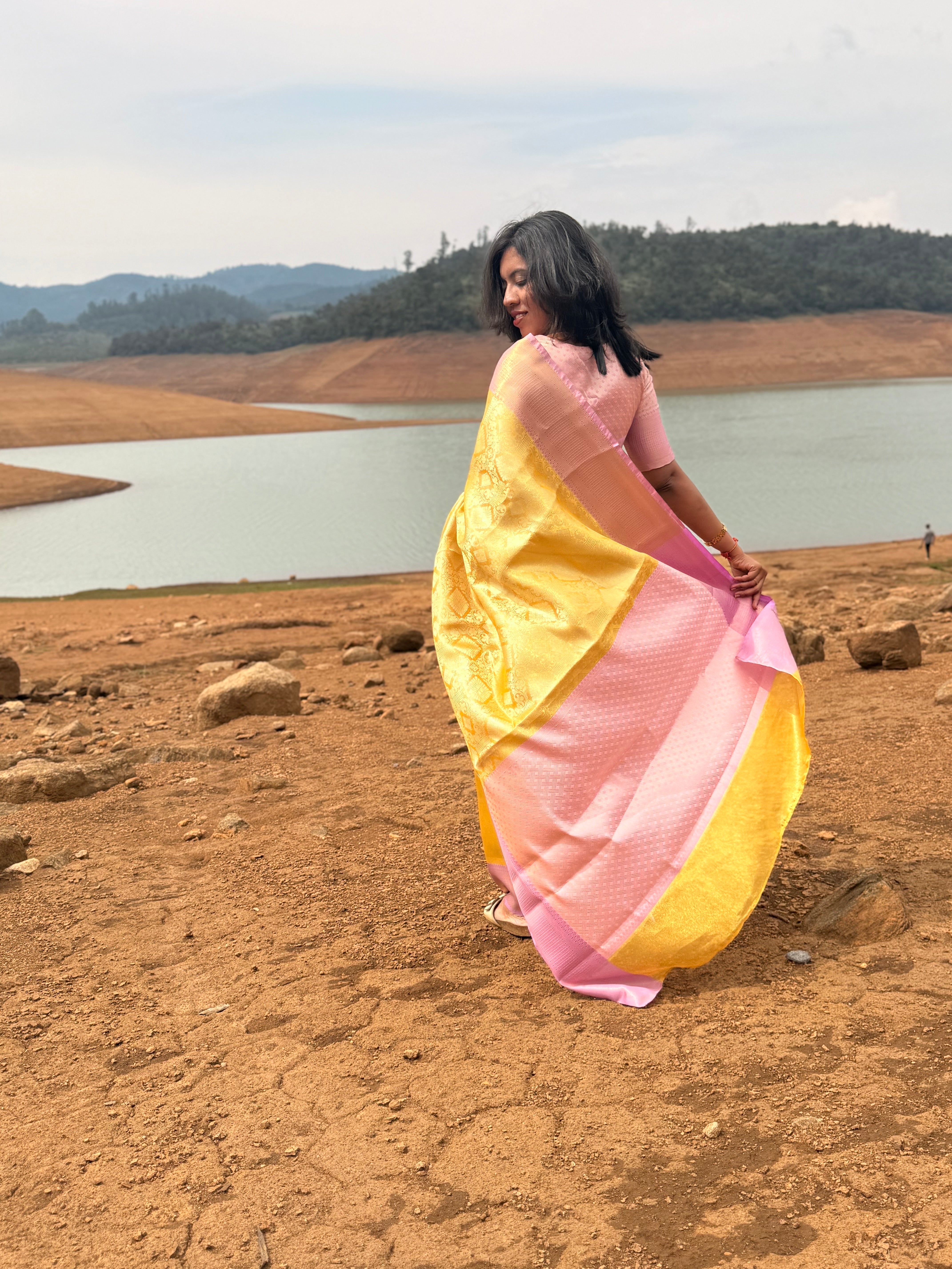 Yellow Saree with Pink Border