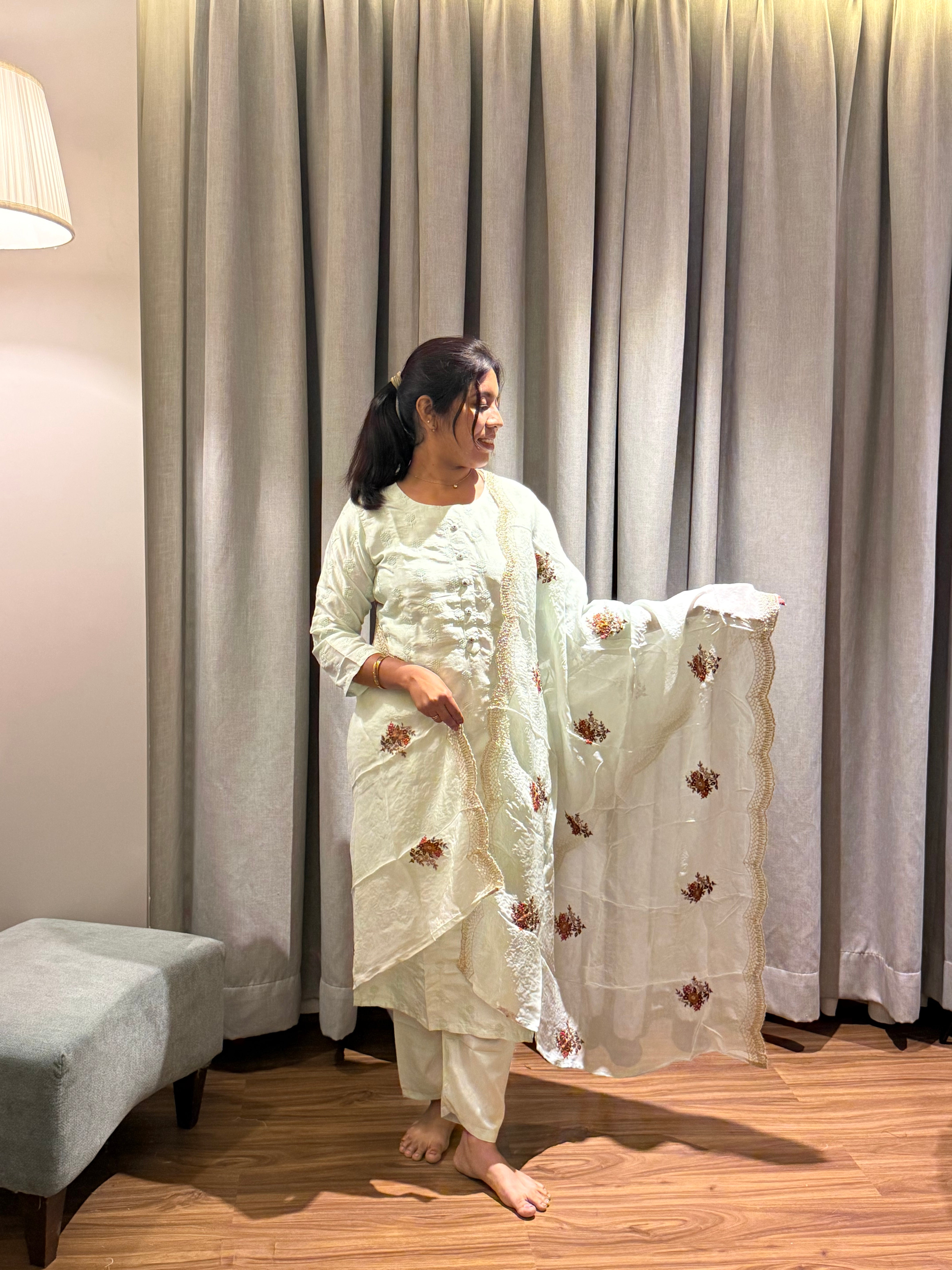 Pista Green Mul Cotton 3pcs Salwar Set