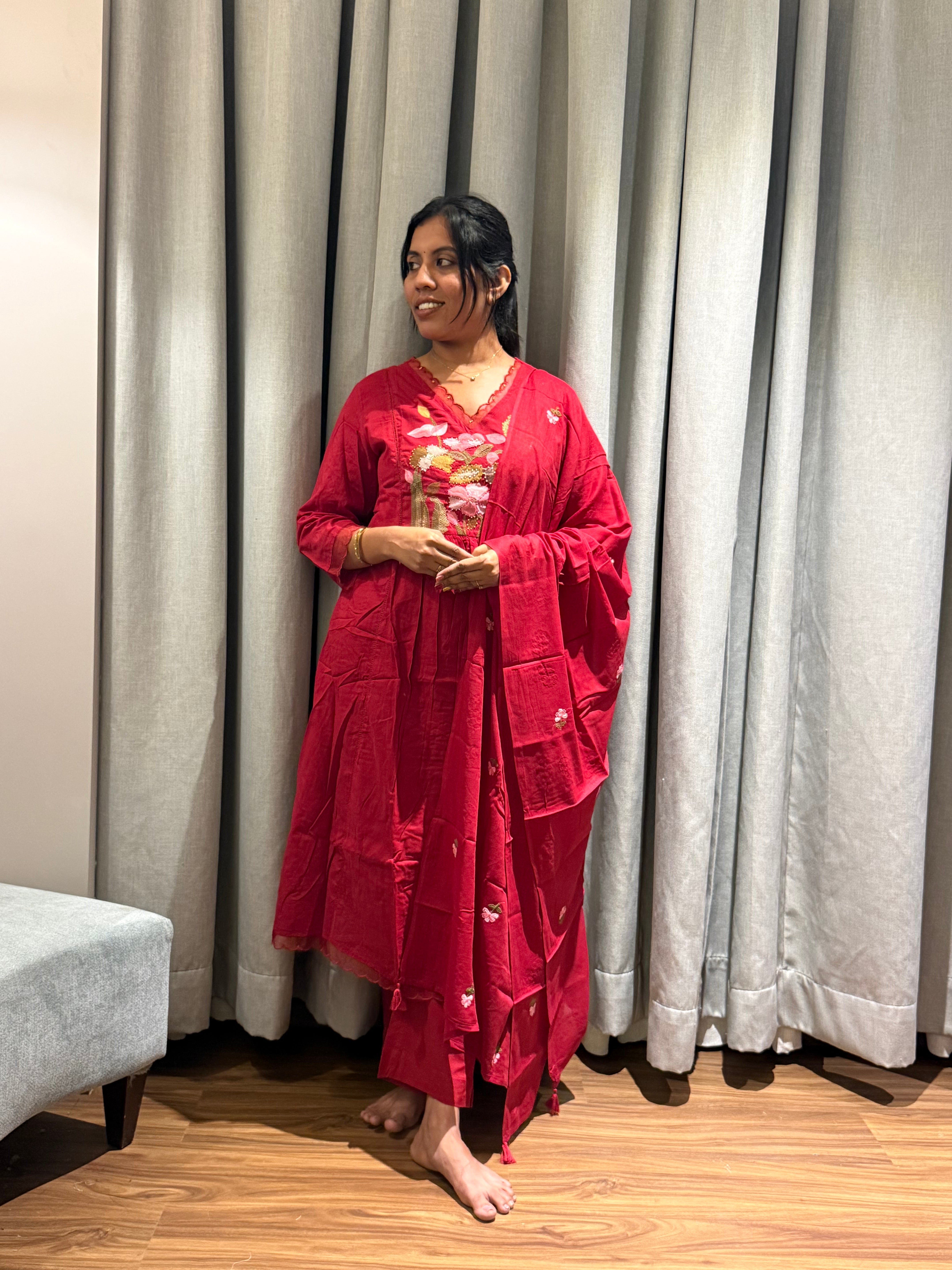 Red Mul Cotton 3pcs Salwar Set