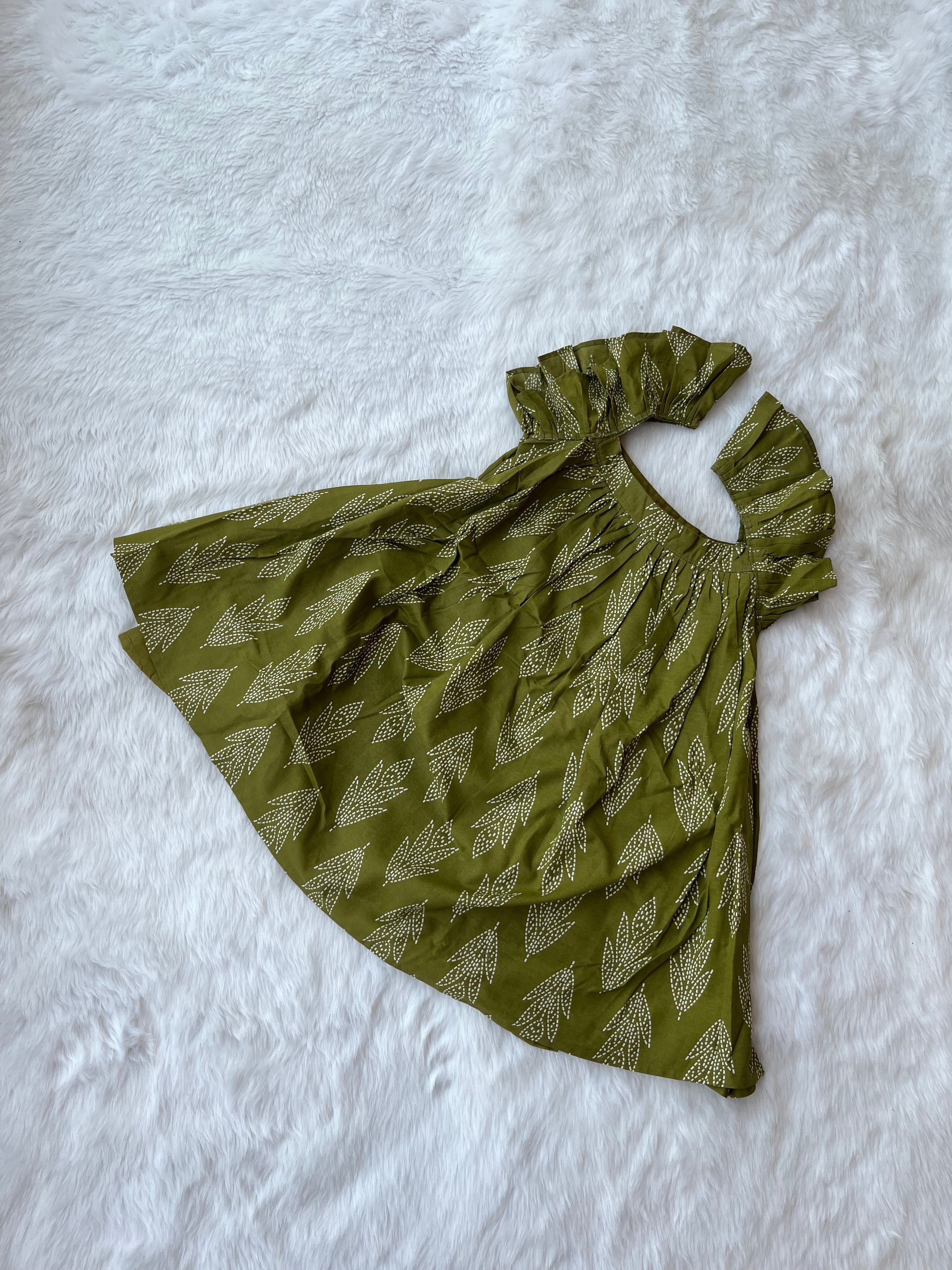 Olive Green Printed Baby Frock