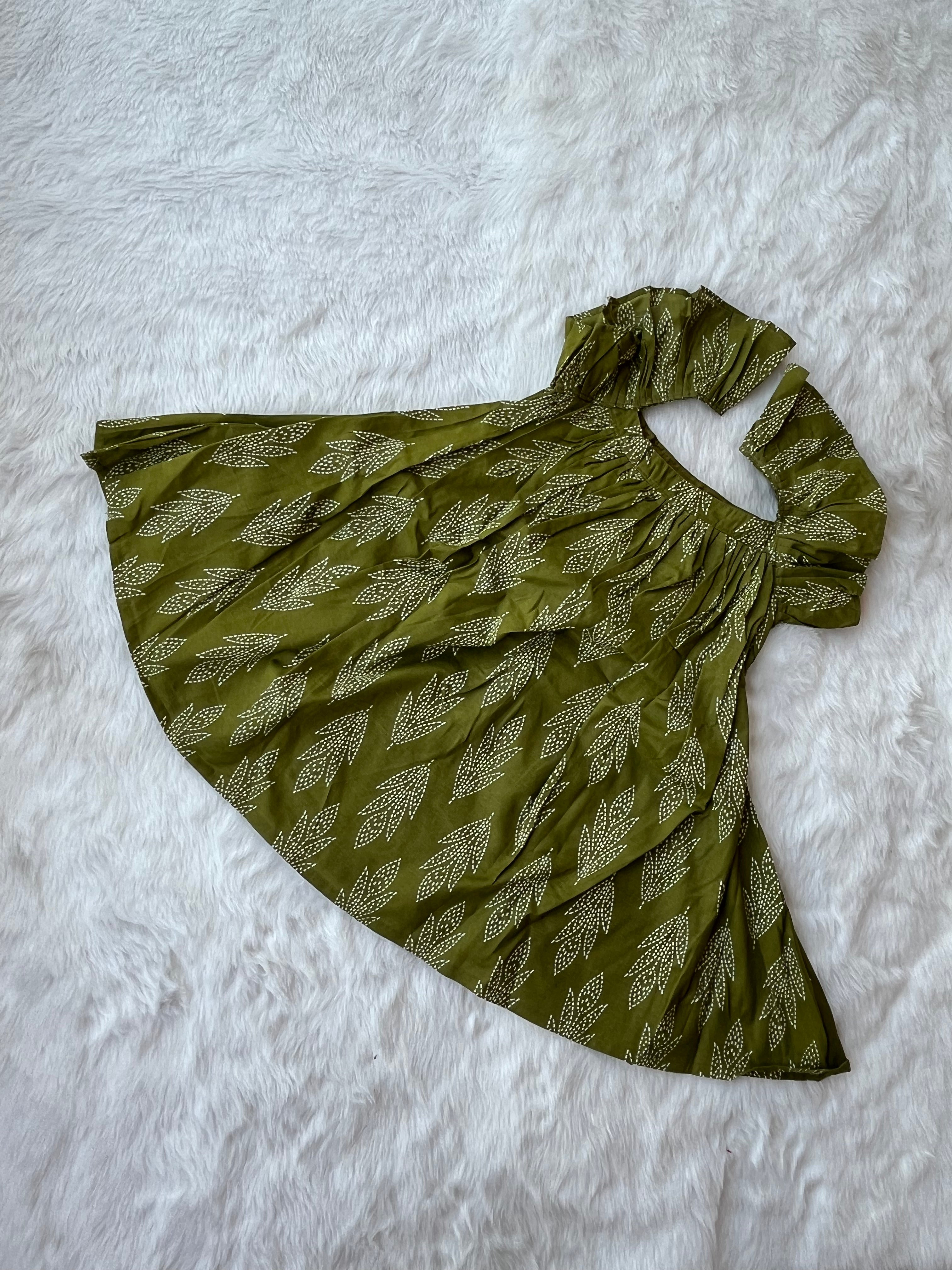 Olive Green Printed Baby Frock