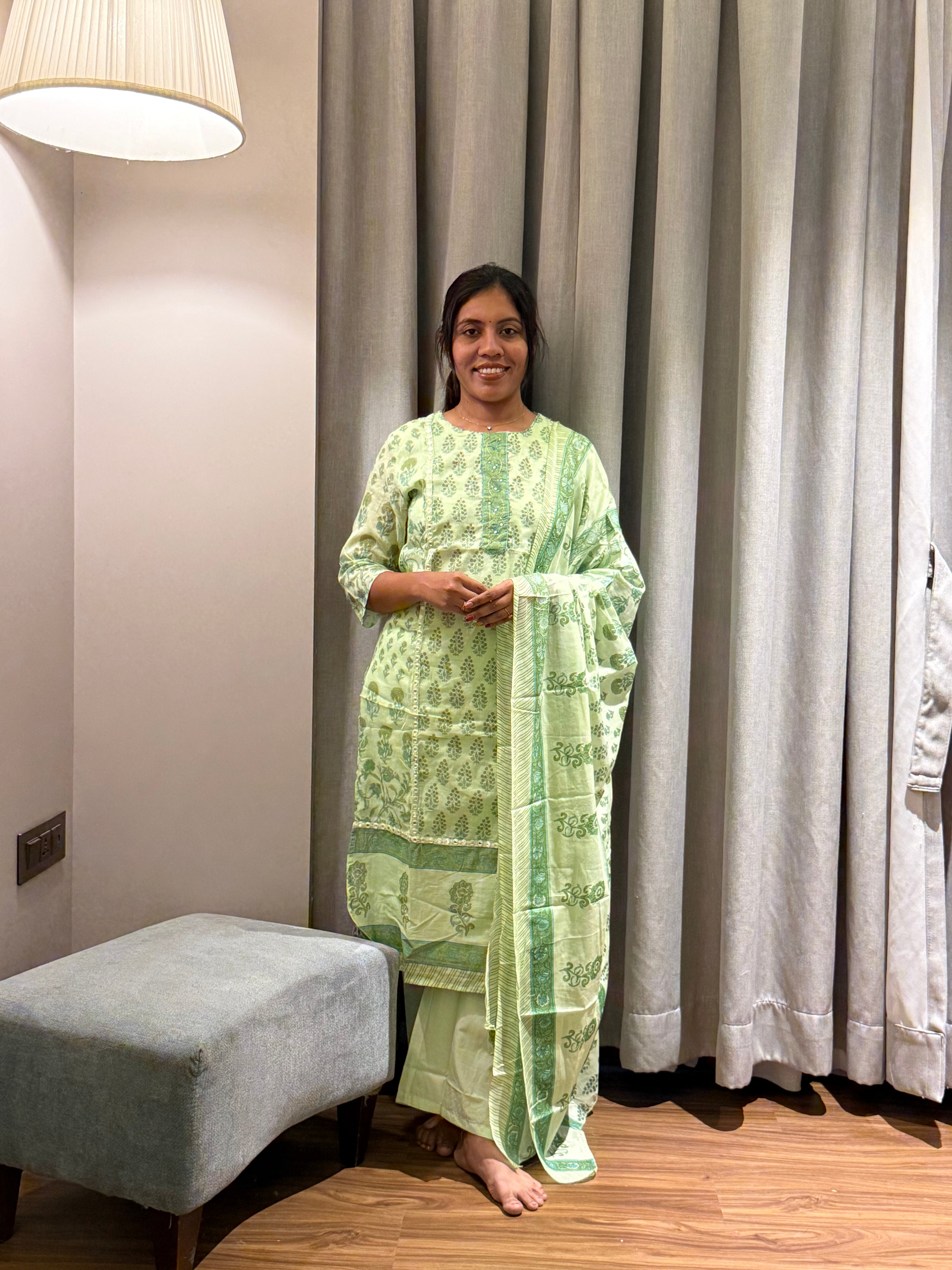 Green Mul Cotton 3pcs Salwar Set