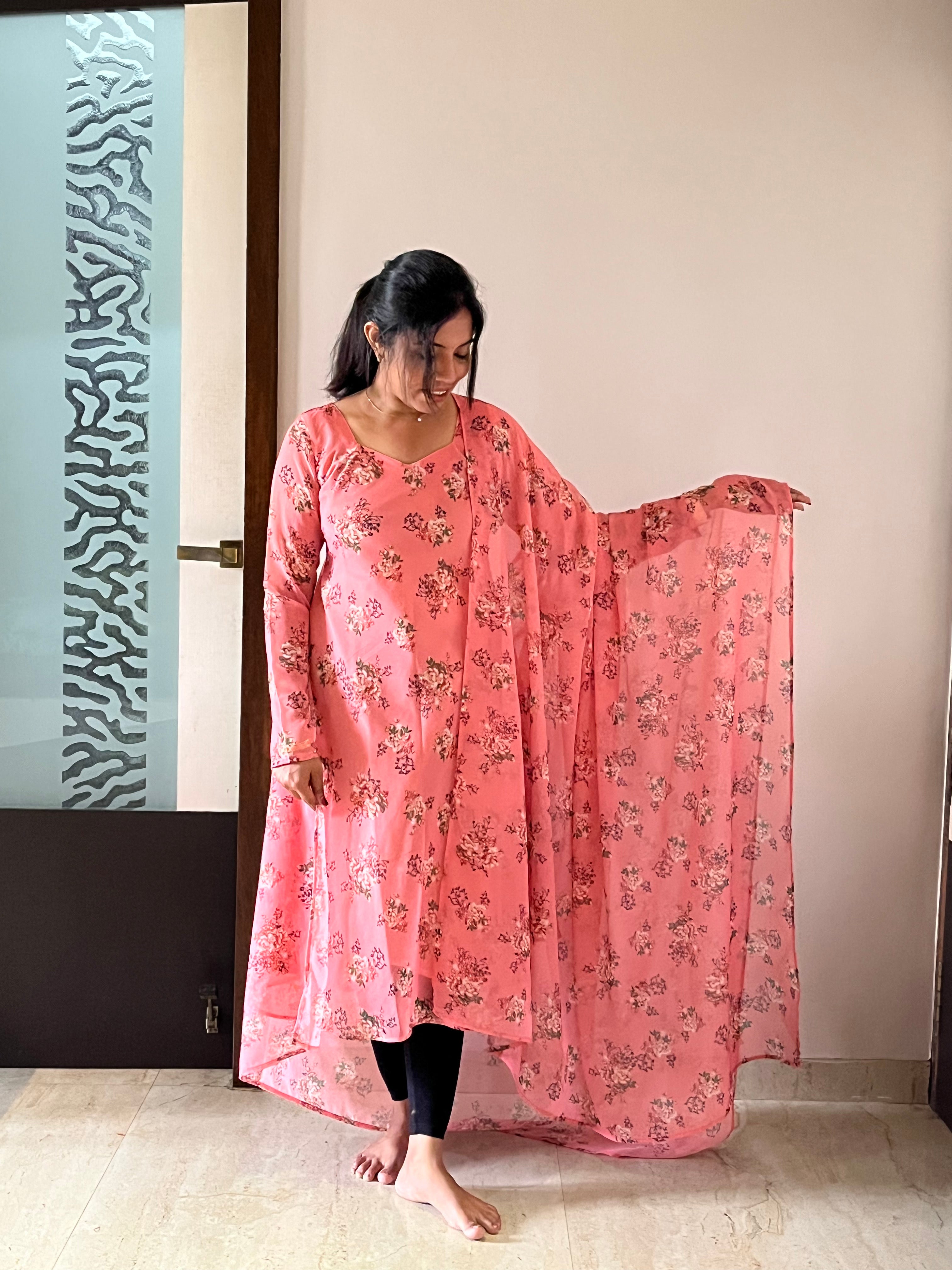 Pink Floral Anarkali & Duppata
