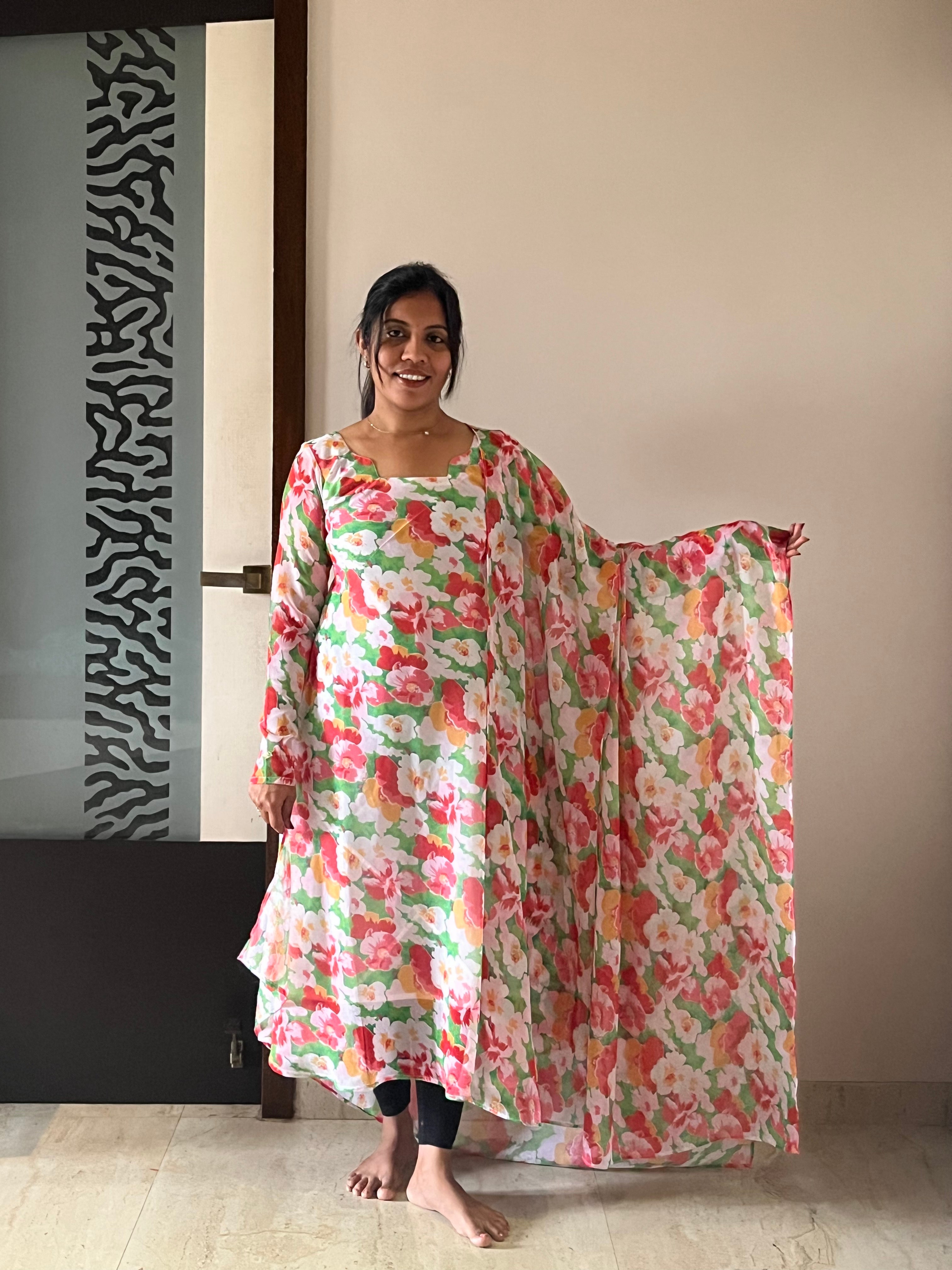 White Floral Anarkali & Duppata