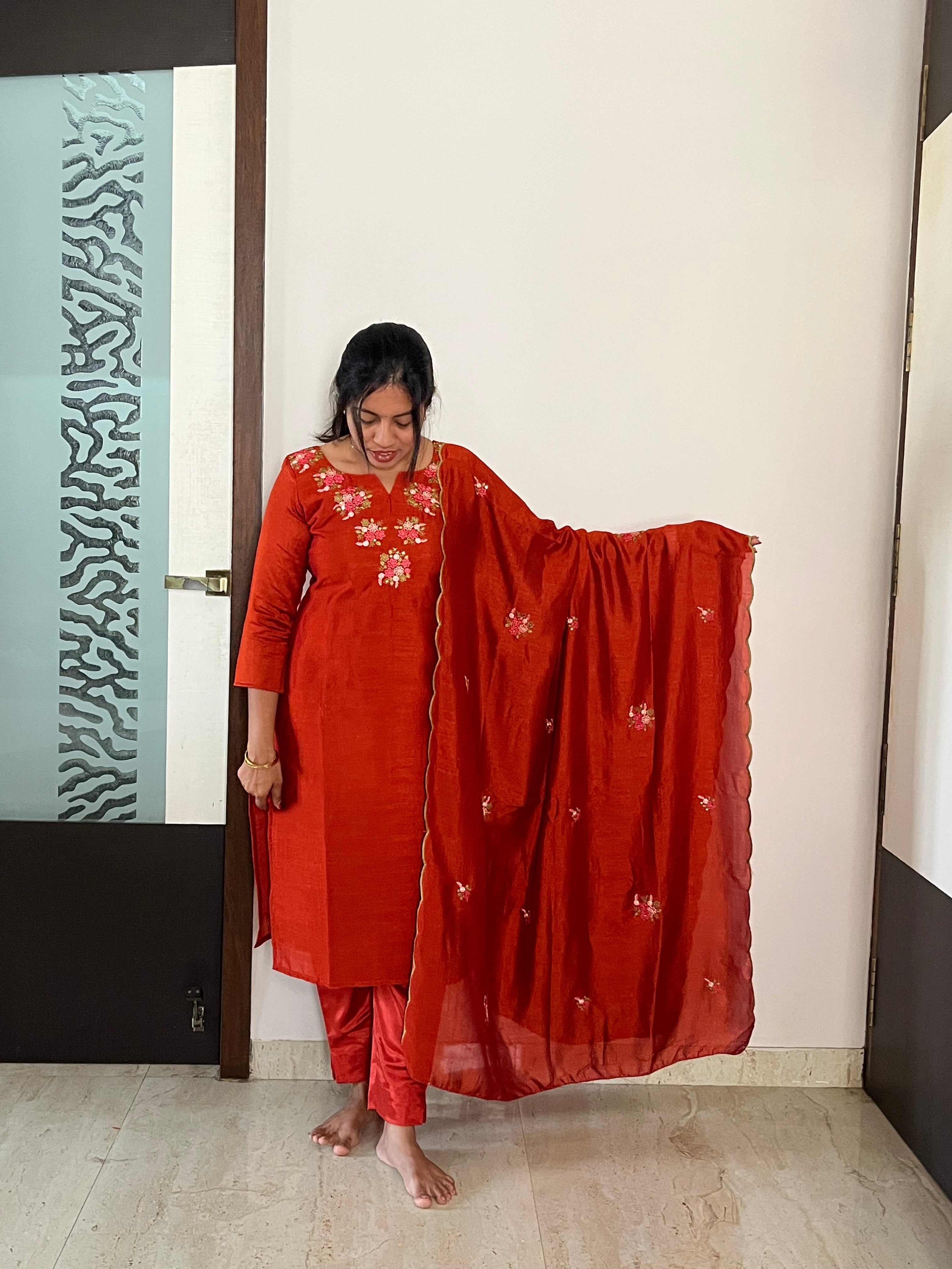 Rust orange Hand Embroidered 3pcs Salwar Set