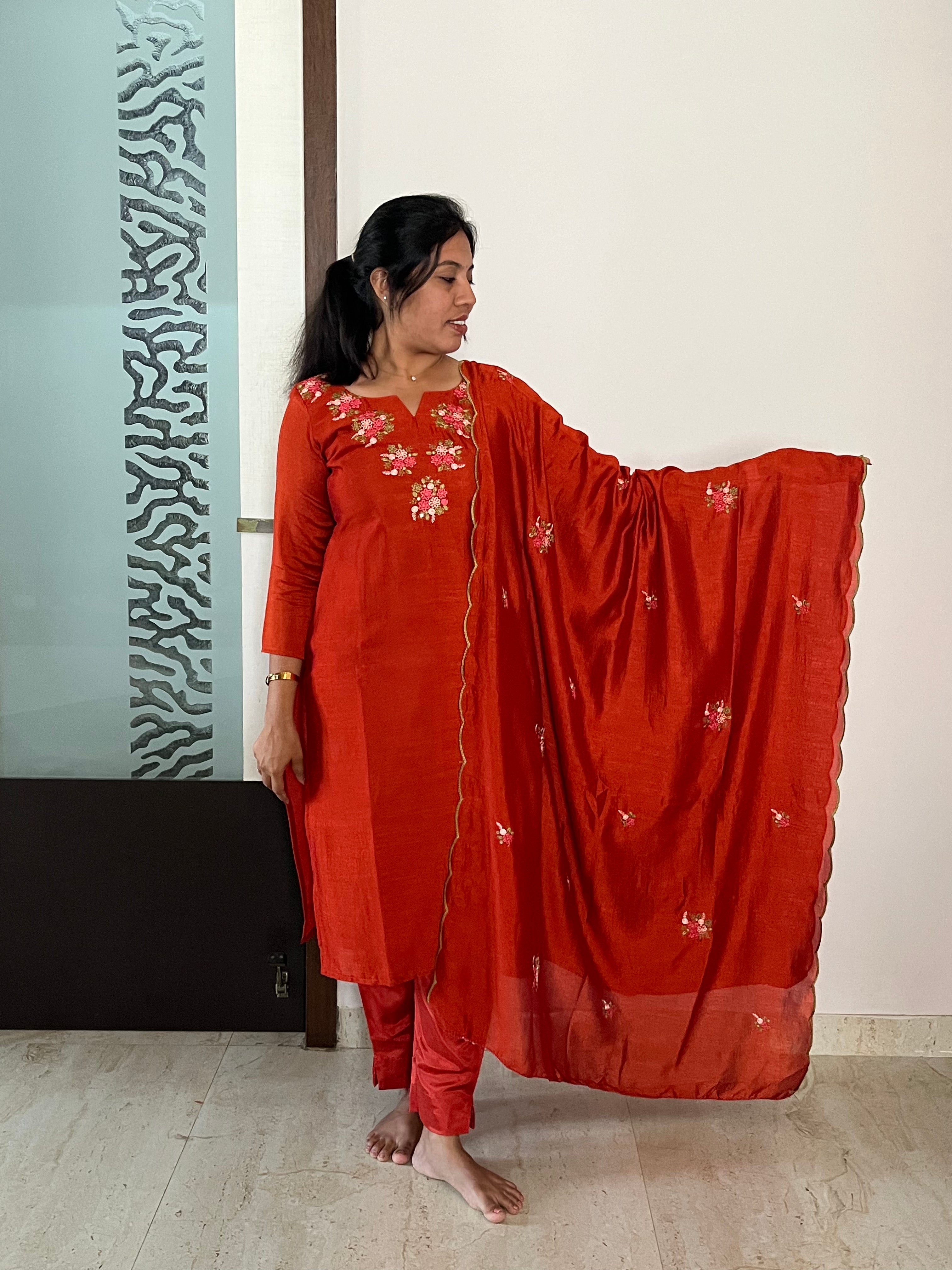 Rust orange Hand Embroidered 3pcs Salwar Set