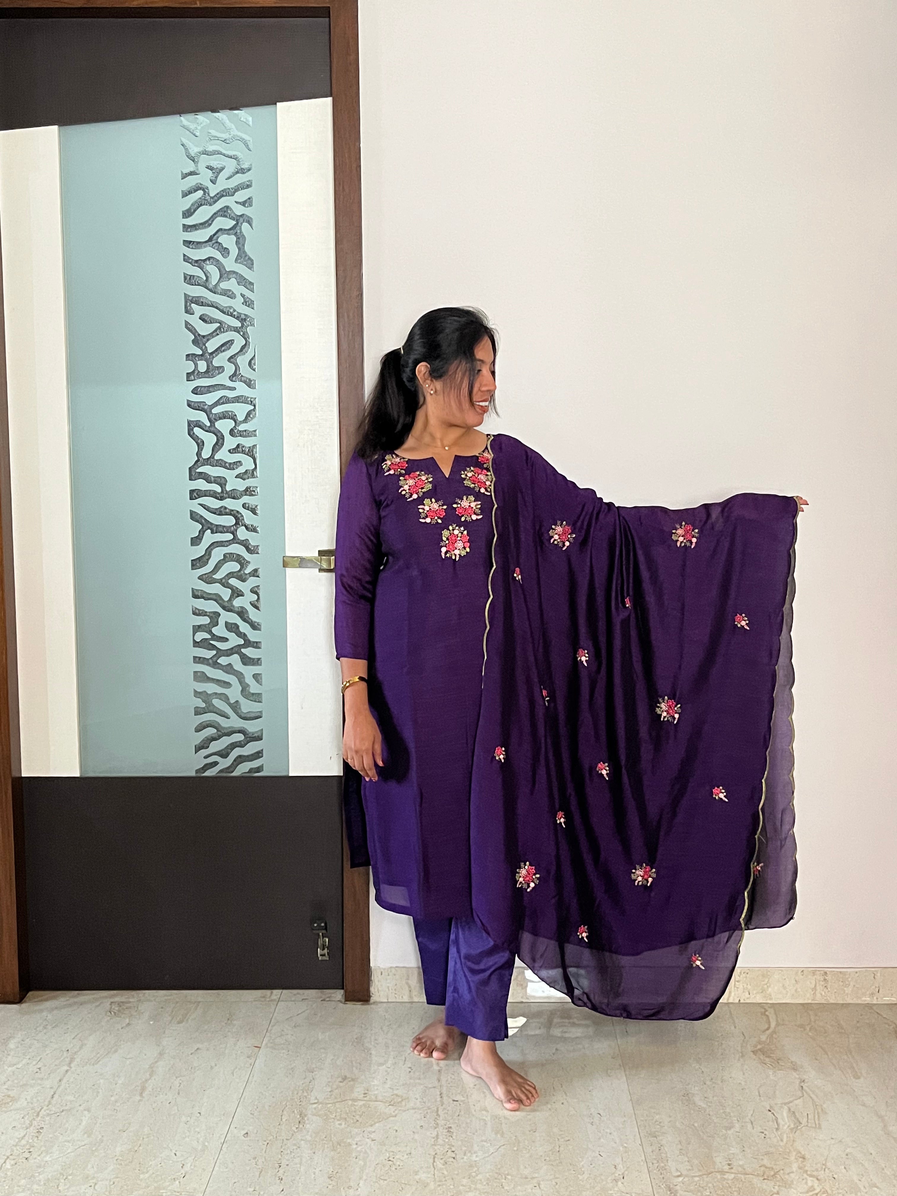Purple Hand Embroidered 3pcs Salwar Set