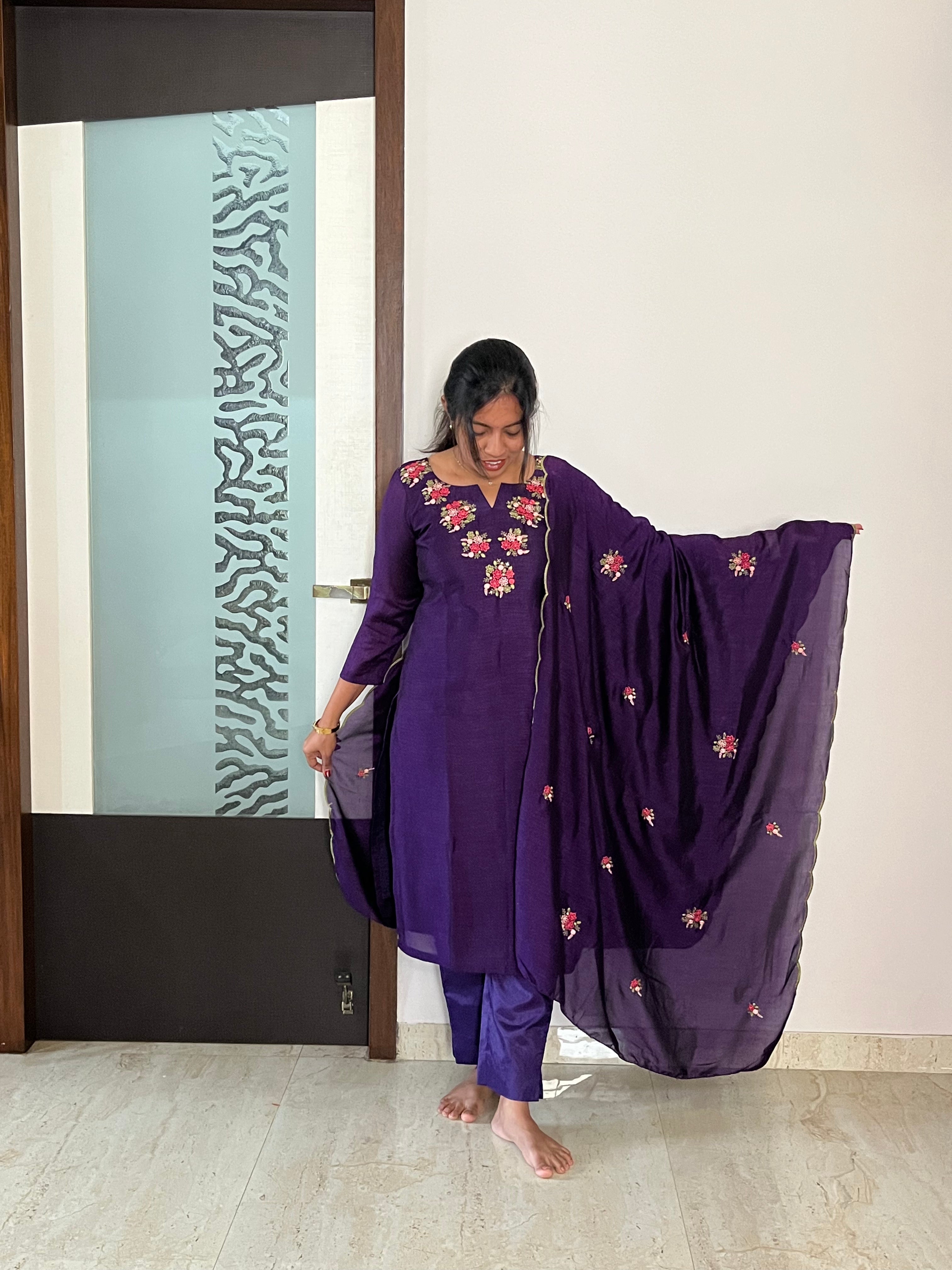 Purple Hand Embroidered 3pcs Salwar Set