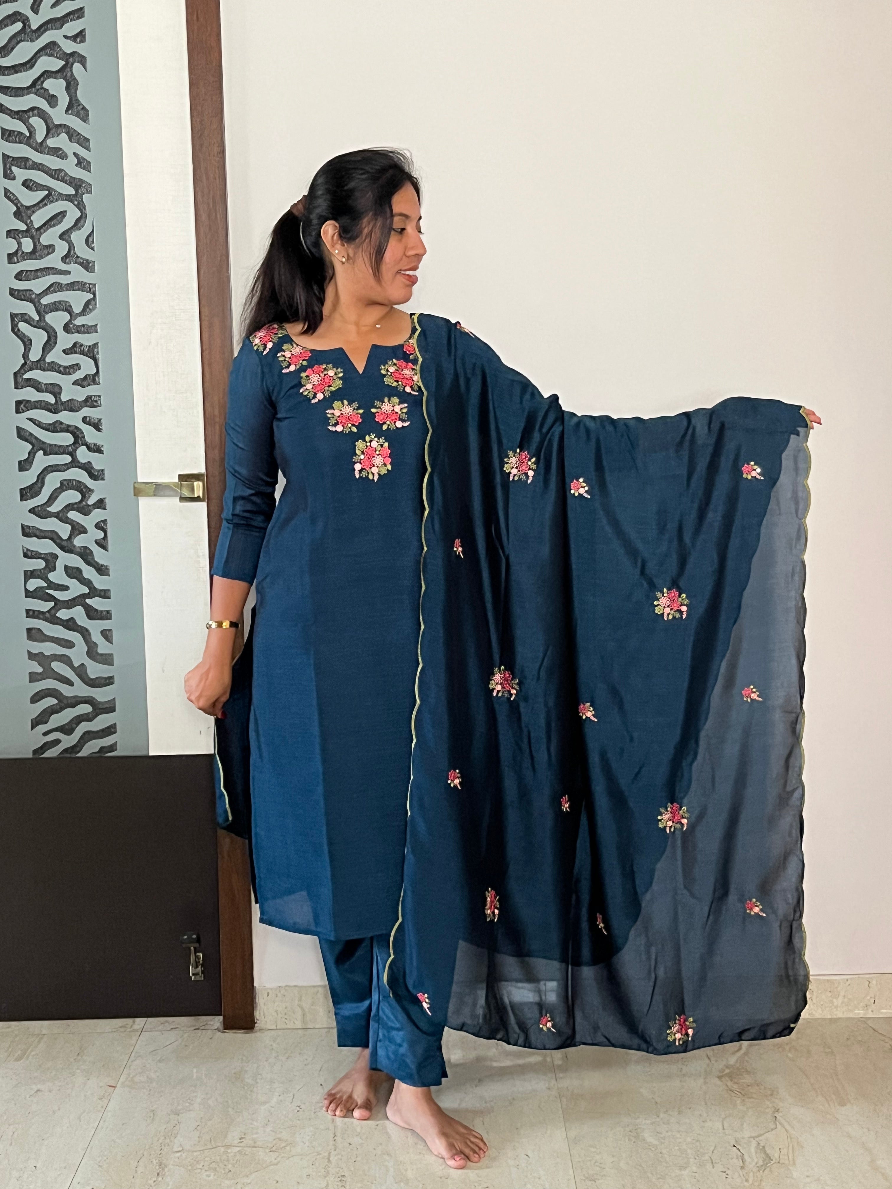 Blue Hand Embroidered 3pcs Salwar Set
