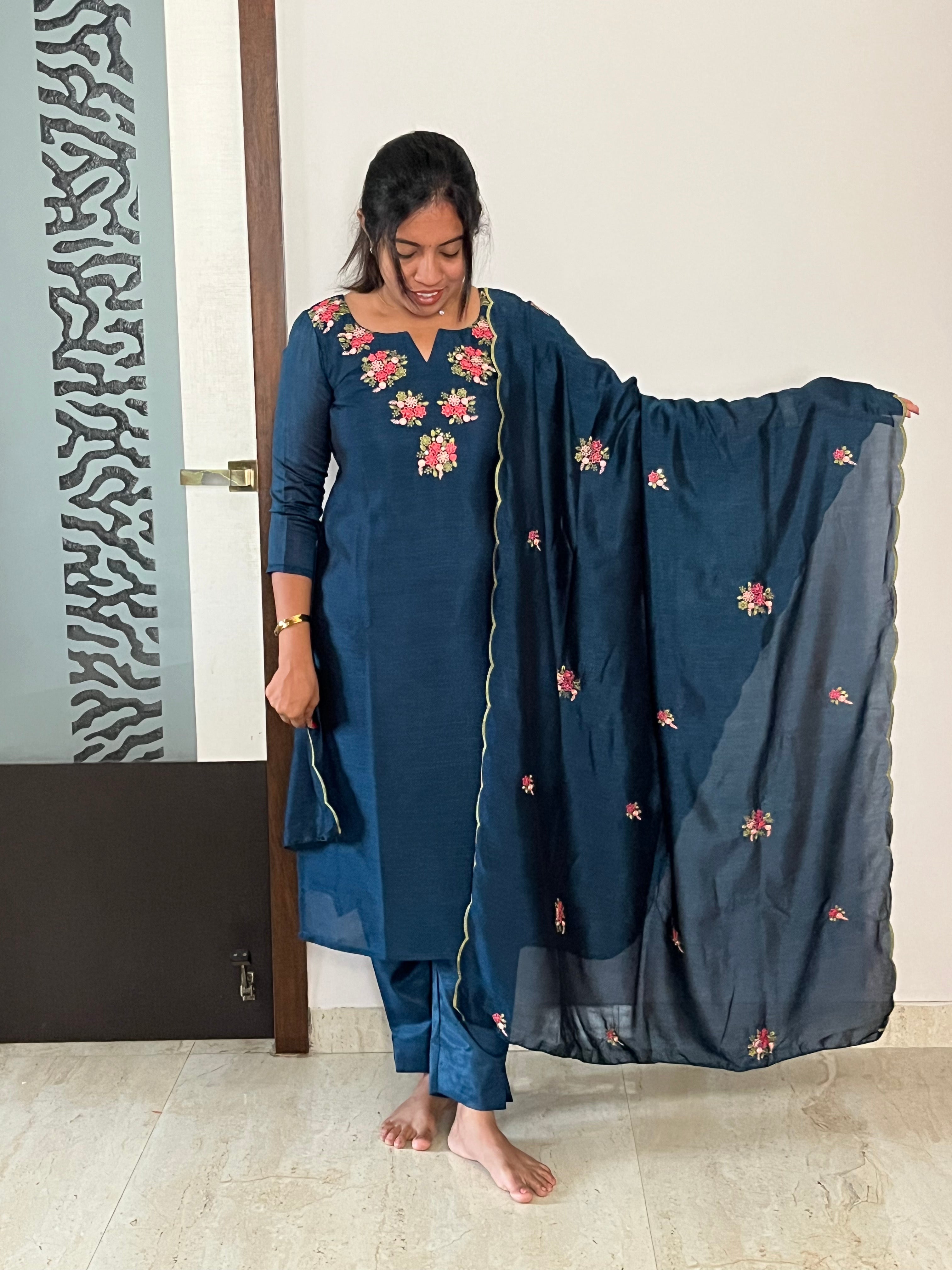Blue Hand Embroidered 3pcs Salwar Set