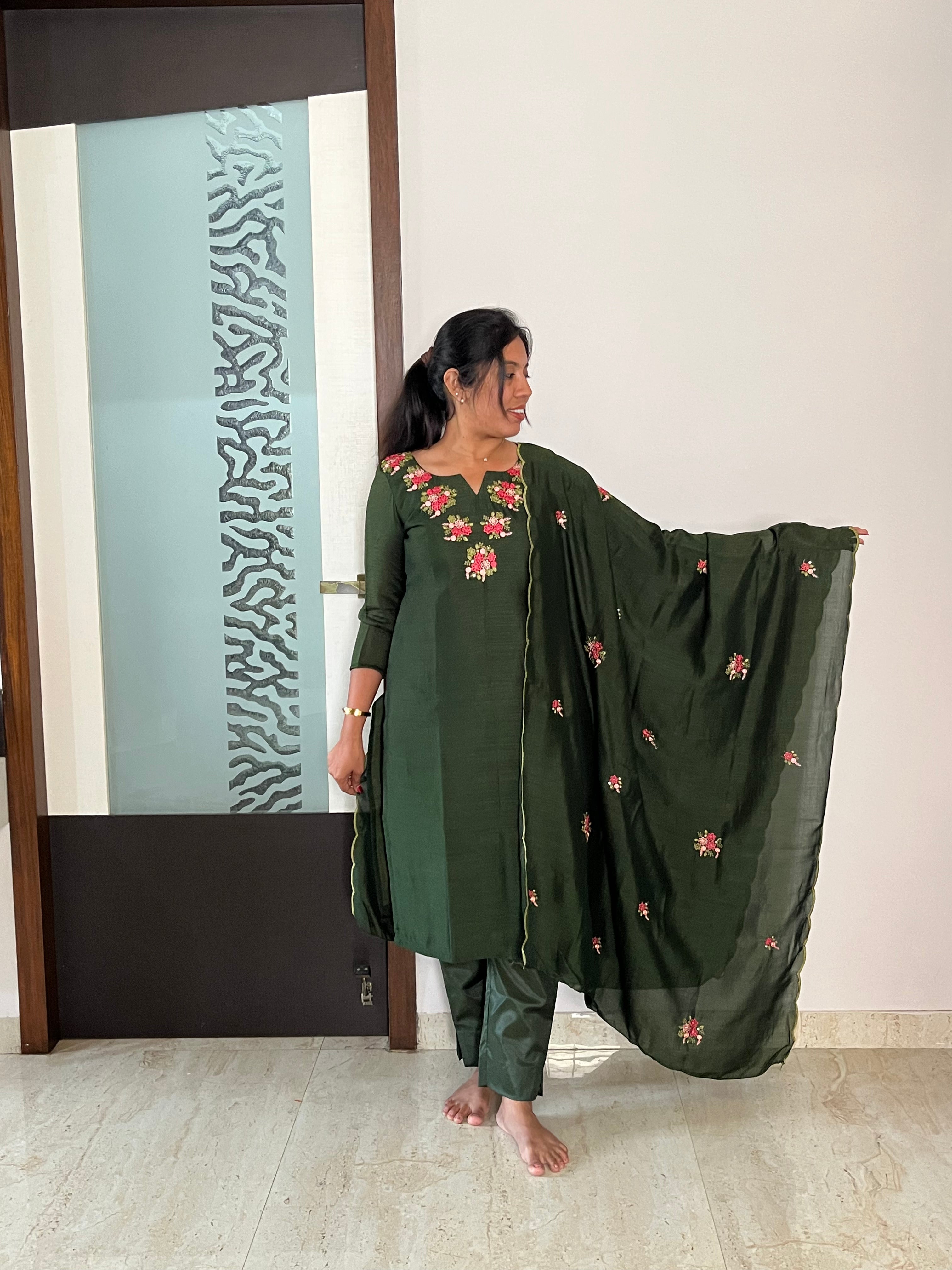 Olive Green Hand Embroidered 3pcs Salwar Set