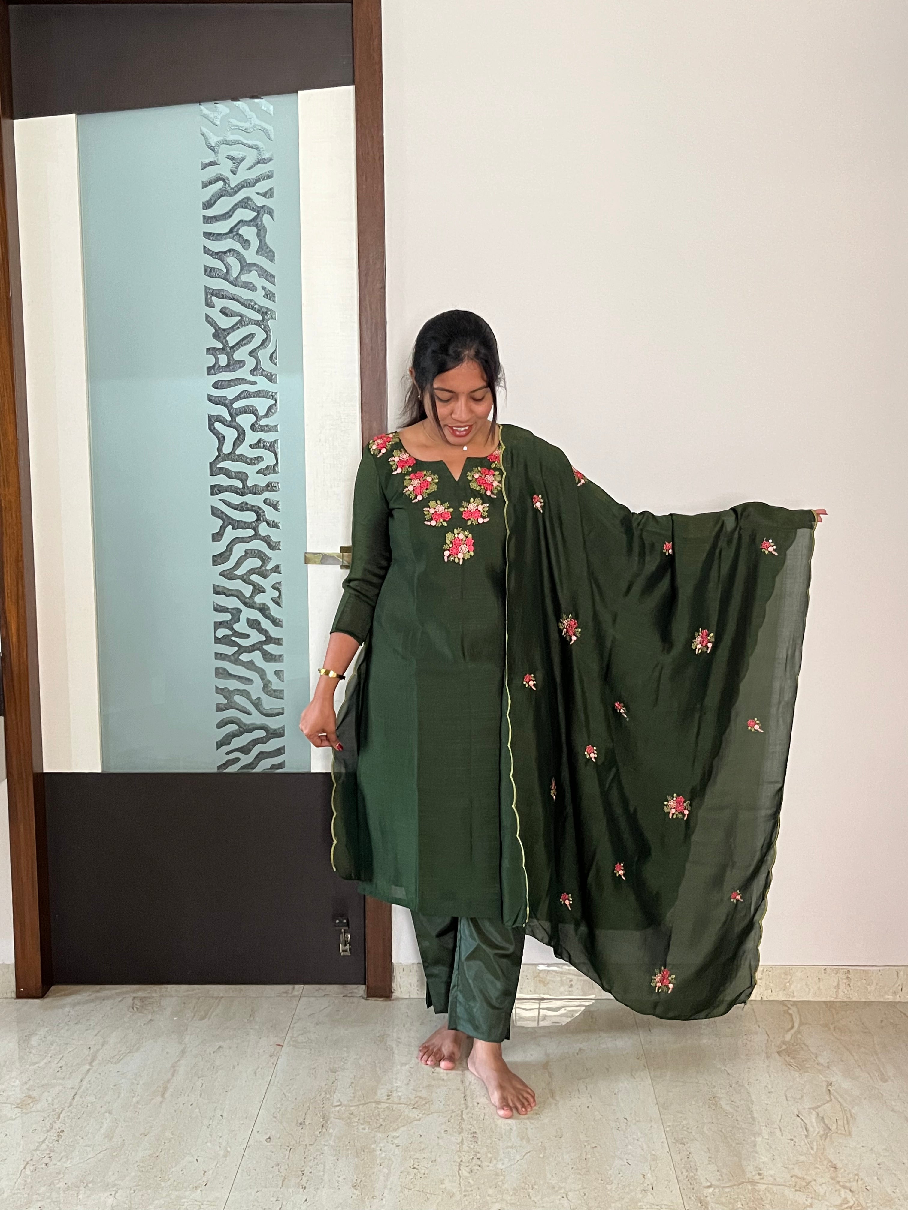Olive Green Hand Embroidered 3pcs Salwar Set
